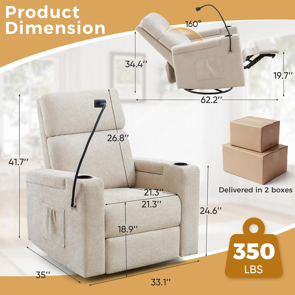 Power Swivel Glider Rocking Chair Nursery, Skin-Friendly Premium Chenille Electric Glider Rocker Recliner Chair with Armrest Storage, USB A&C Ports, Cup Holder, Phone Holder, Chenille Beige
