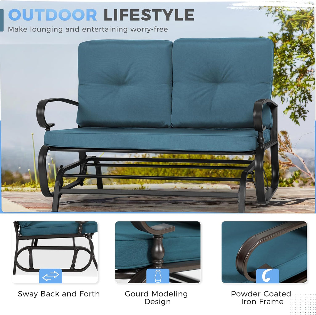 Crownland Outdoor Patio Glider Chair, Rocking Glider Bench for 2 Person, Porch Furniture Loveseat Seating, Wrought Iron Patio Textilene Gliders for Outside, Porch, Garden(Peacock Blue)