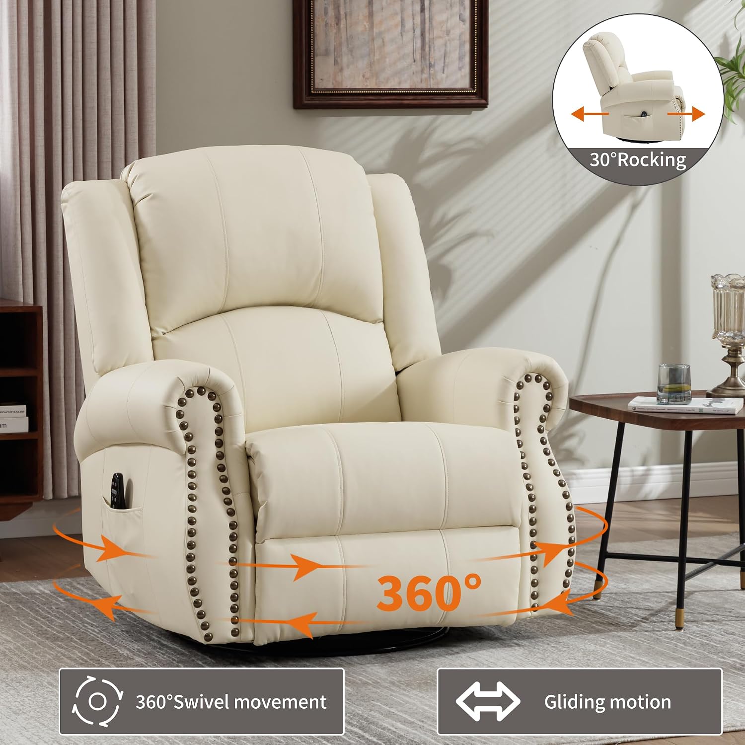 PELUMY Breathable Leather Swivel Rocking Recliner Chair for Adults, 360° Swivel Glider Rocker with Heat & Vibrating Massage, Lounge Chair for Living Room, Bedroom, Nursery (Creamy Beige)