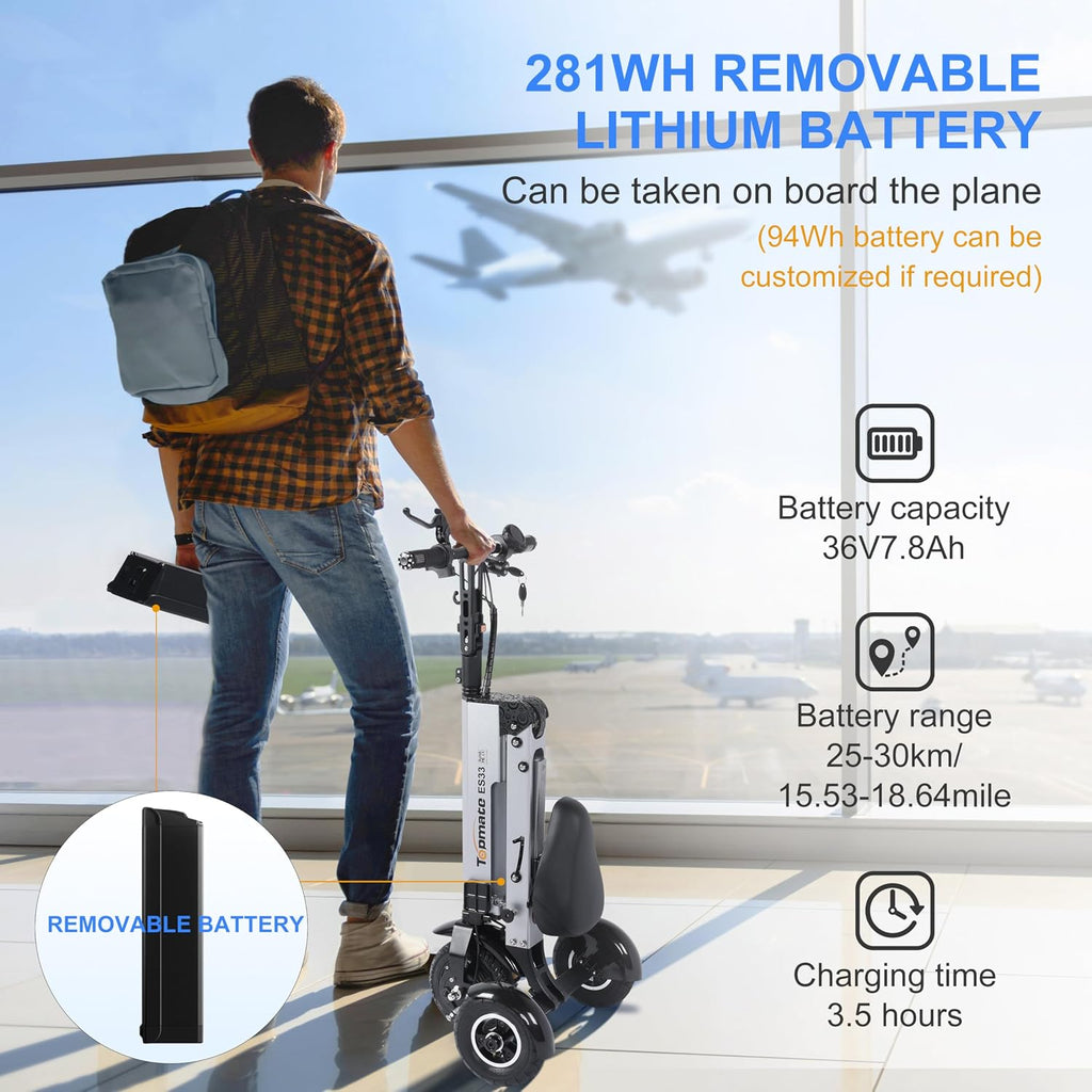 TopMate ES33 Powered Mobility Scooter 3 Wheels Foldable with Seat for Adults, Lightweight Electric Scooter with Removable 36V 7.8AH Battery, Reverse Function & Key Switch for Commute and Travel