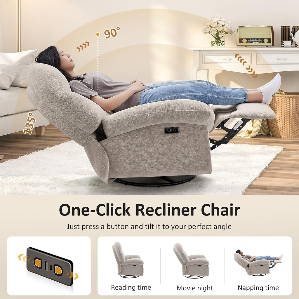 VANOMi Power Recliner Chair with USB & Type-C Charging, 270° Swivel Glider Rocker, Electric Nursery Recliner for Living Room, Bedroom, and Office, Camel
