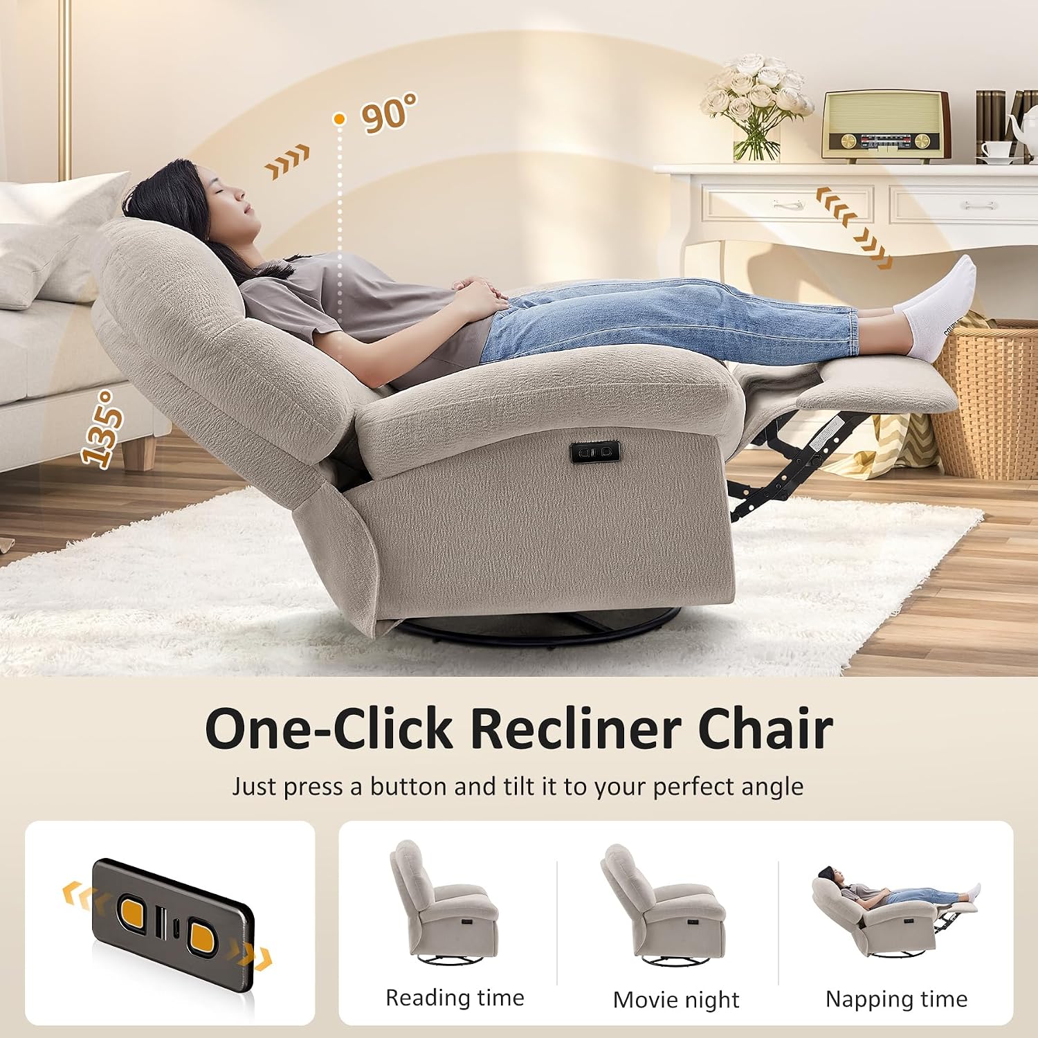 VANOMi Power Recliner Chair with Charging, 270° Swivel Glider Rocker, Electric Nursery Recliner for Living Room, Bedroom, and Office, Camel, Set of 2