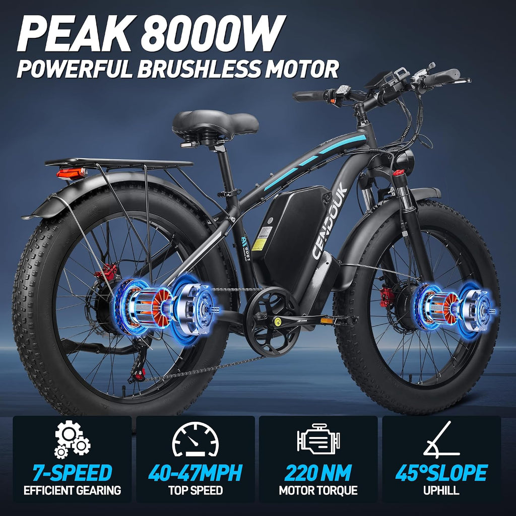 Dual Motor Ebike 8000W Peak for Adults - 58V Max-Output 36AH Battery 24 Inch Fat Tire Electric Bike LCD Display Fast 47MPH 105 Miles Range for Hunting Fishing