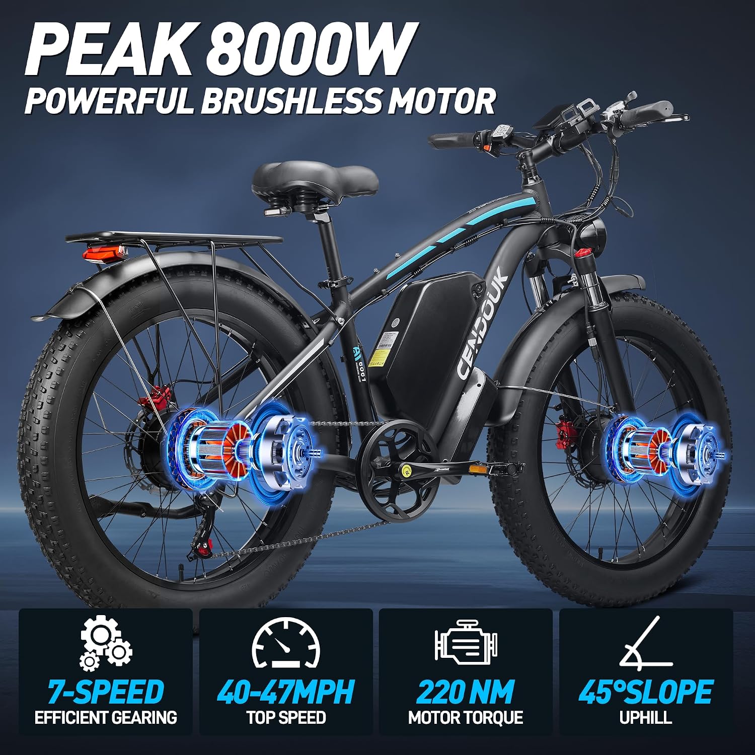 Dual Motor Ebike 8000W Peak for Adults - 58V Max-Output 36AH Battery 24 Inch Fat Tire Electric Bike LCD Display Fast 47MPH 105 Miles Range for Hunting Fishing