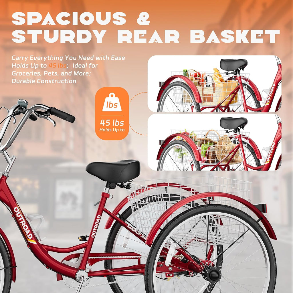 Max4out Adult Tricycle with Large Basket 24/26 Inch, Stable 3 Wheel Cruise Bicycle for Shopping, Beach and City Trike Perfect for Men, Women, Seniors（Blue/Purple/Red）