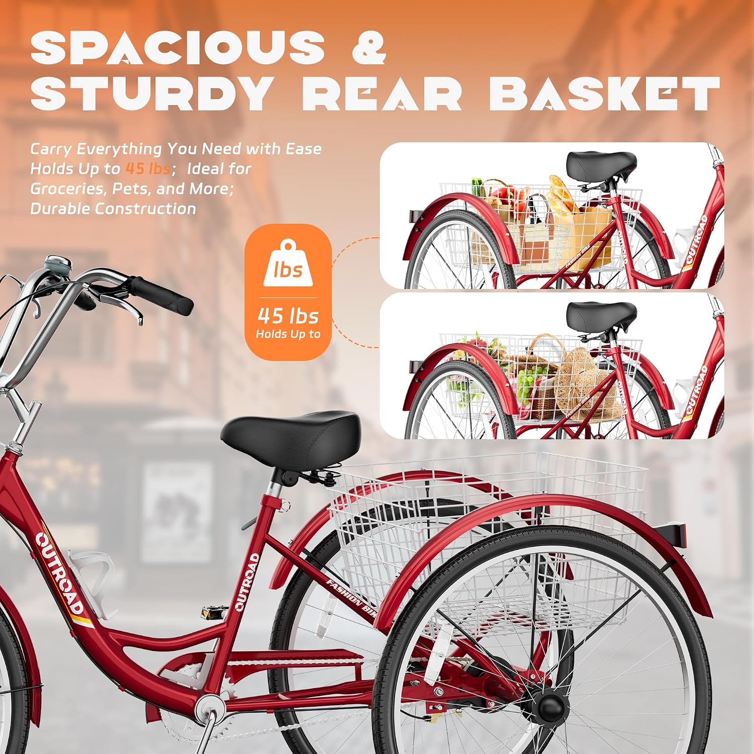 Max4out Adult Tricycle with Large Basket 24/26 Inch, Stable 3 Wheel Cruise Bicycle for Shopping, Beach and City Trike Perfect for Men, Women, Seniors（Blue/Purple/Red）