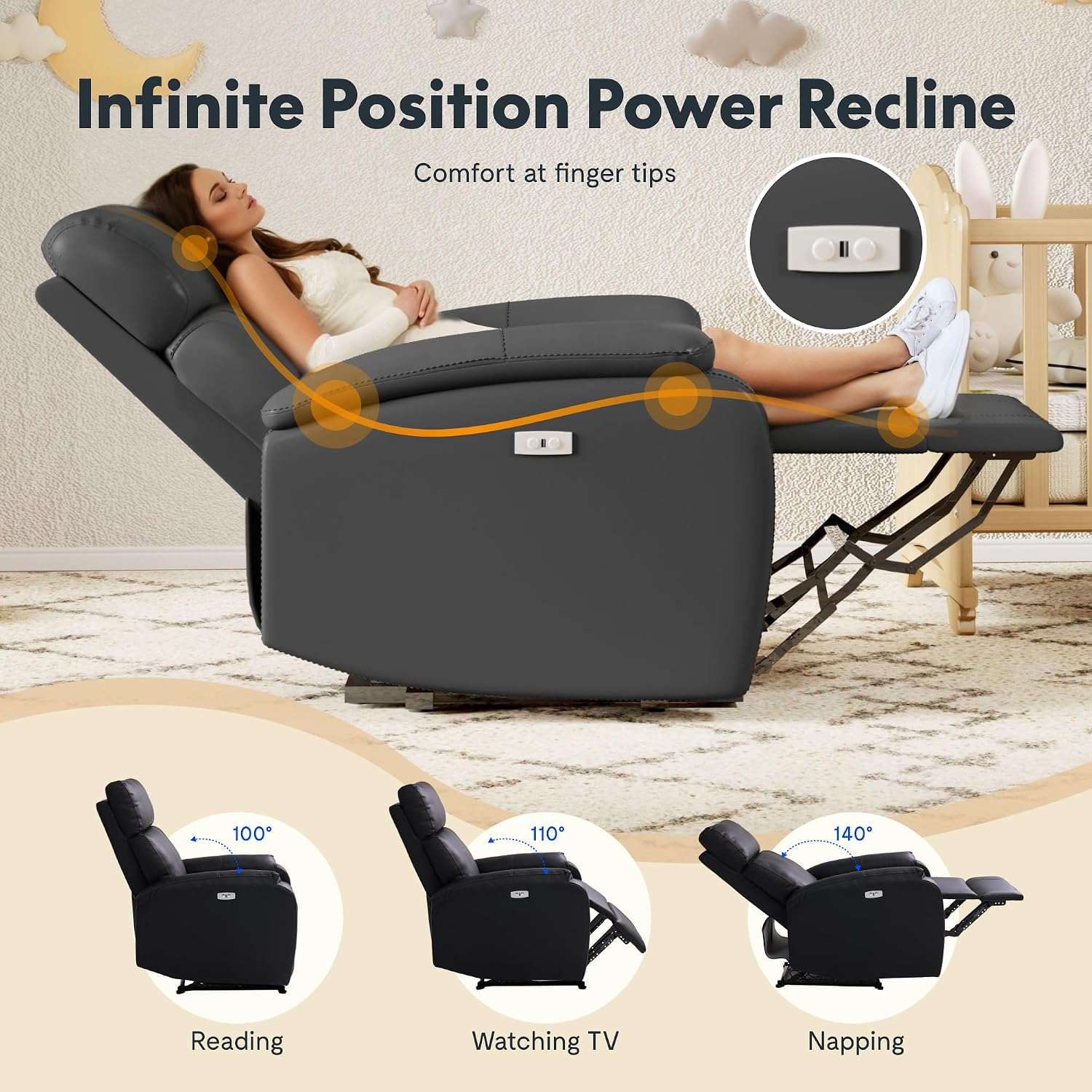 FLEXISPOT X3 Power Recliner Chair, Adjustable Electric Recliner with USB Port, Thick Cushion & Padded Back, Comfortable Faux Leather Chair for Living Room Bedroom Home Theater (Black)