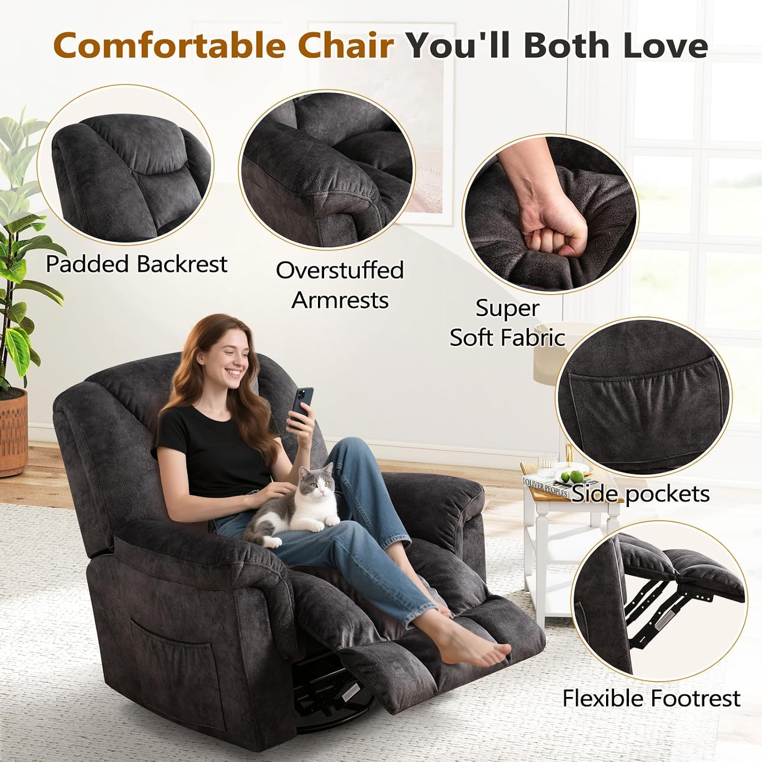 ANJ 2PCS Oversized Rocker Recliner Chairs Set, Manual 360° Swivel Recliners, Comfy Glider Rocking Chairs for Big Man, Extra Wide Overstuffed Reclining Chairs with Side Pocket for Living Room, Grey