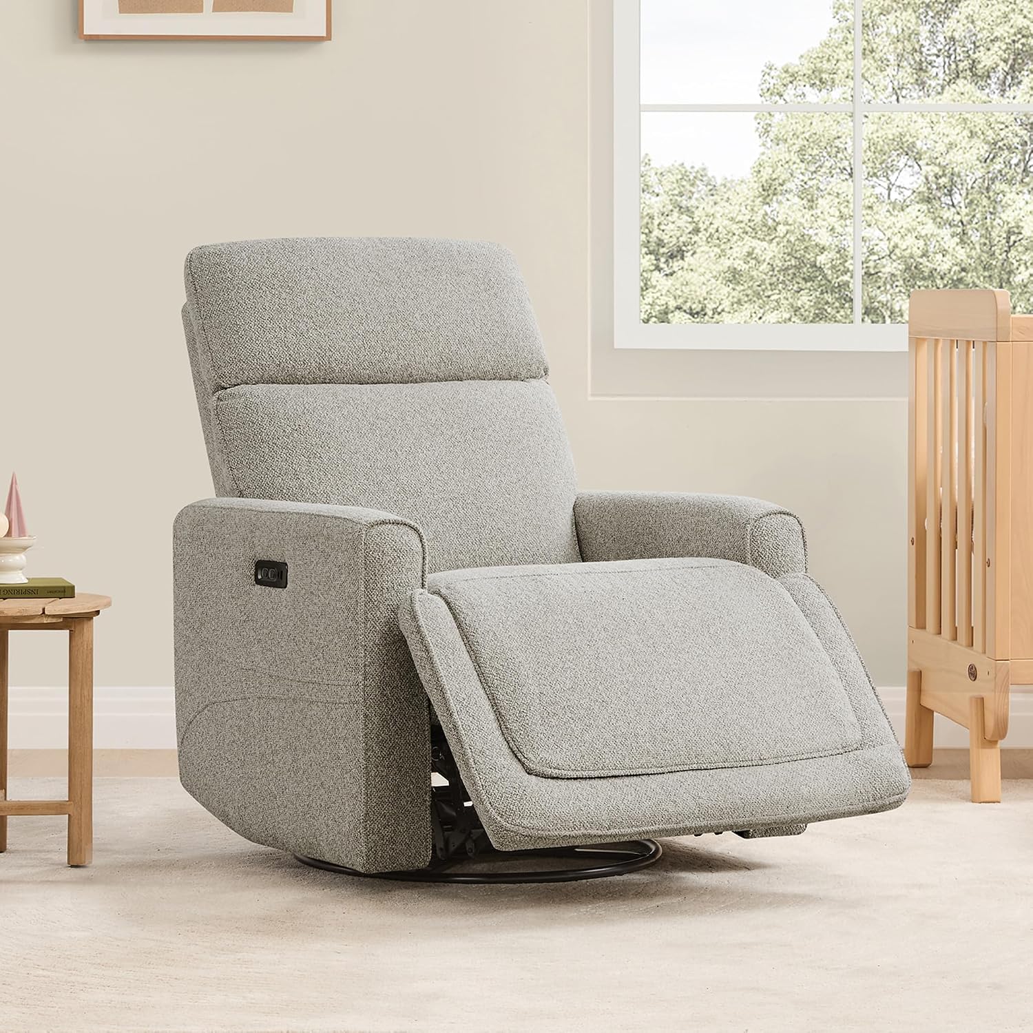 CHITA Power Recliner Chair Swivel Glider with Adjustable Power Headrest, FSC Certified Electronic Modern Nursery Rocking Chair with USB and Type-C Ports, Light Grey