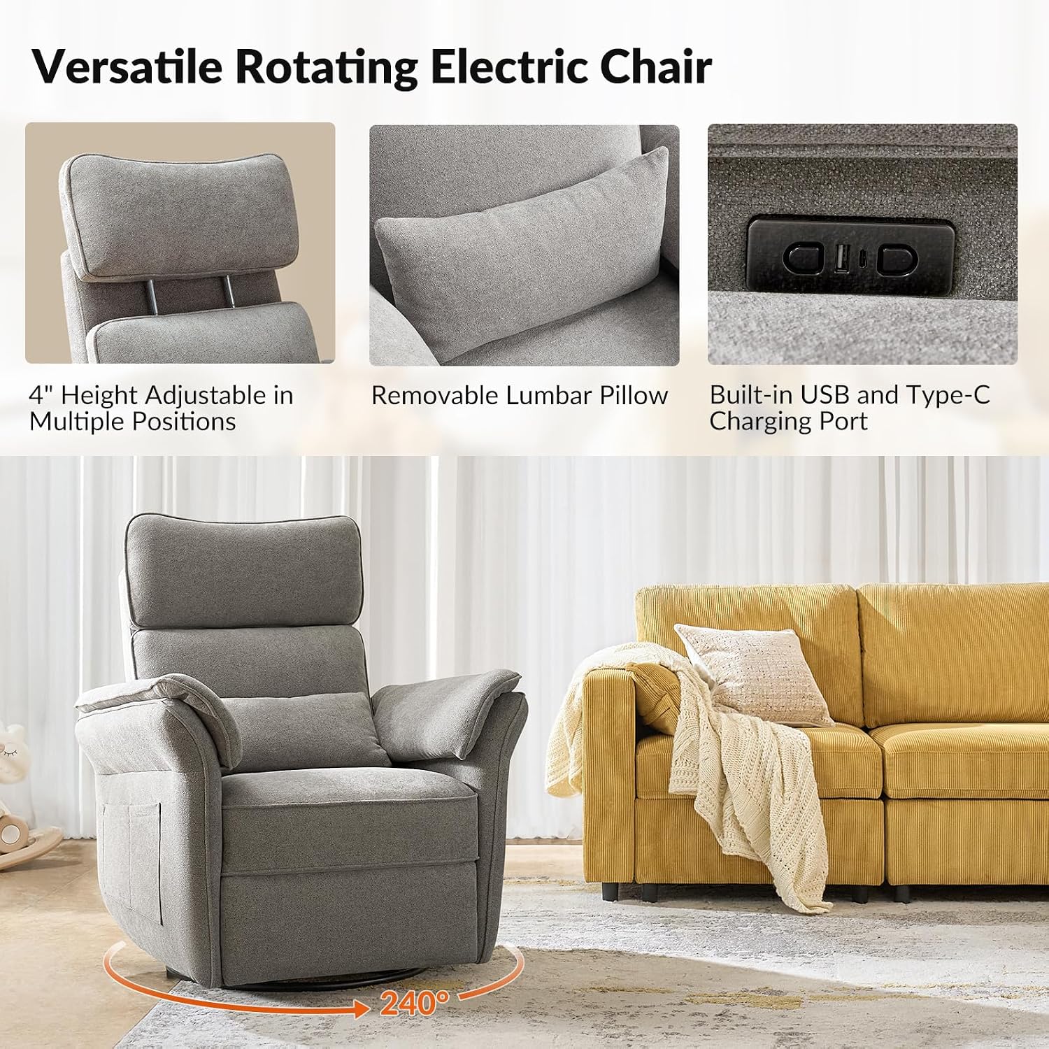 HULALA HOME Nursery Glider Recliner with Adjustable Headrest and Armrests, Modern Power Swivel Rocker Recliner Chair with USB Port and Storage Bags, GREENGARD, FSC, CertiPUR-US® Certified, Ash