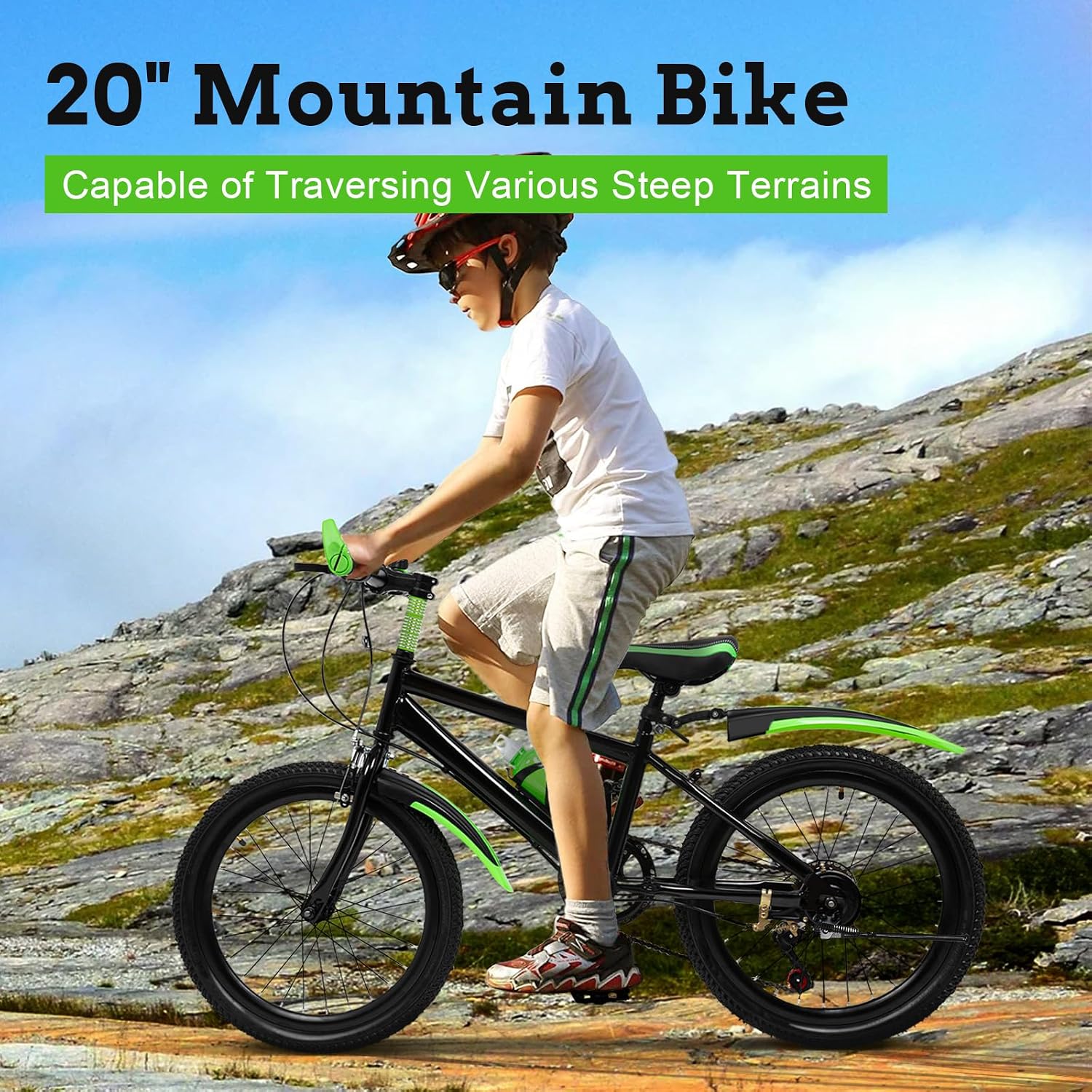 20 Inch Kids Mountain Bike - 7-Speed Children's Bike w/Dual Disc Brakes - Heavy Duty Steel Frame for Boys & Girls Age 8-12 - Trail/City Riding (Green)