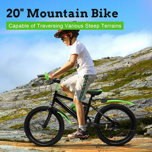 20 Inch Kids Mountain Bike - 7-Speed Children's Bike w/Dual Disc Brakes - Heavy Duty Steel Frame for Boys & Girls Age 8-12 - Trail/City Riding (Green)