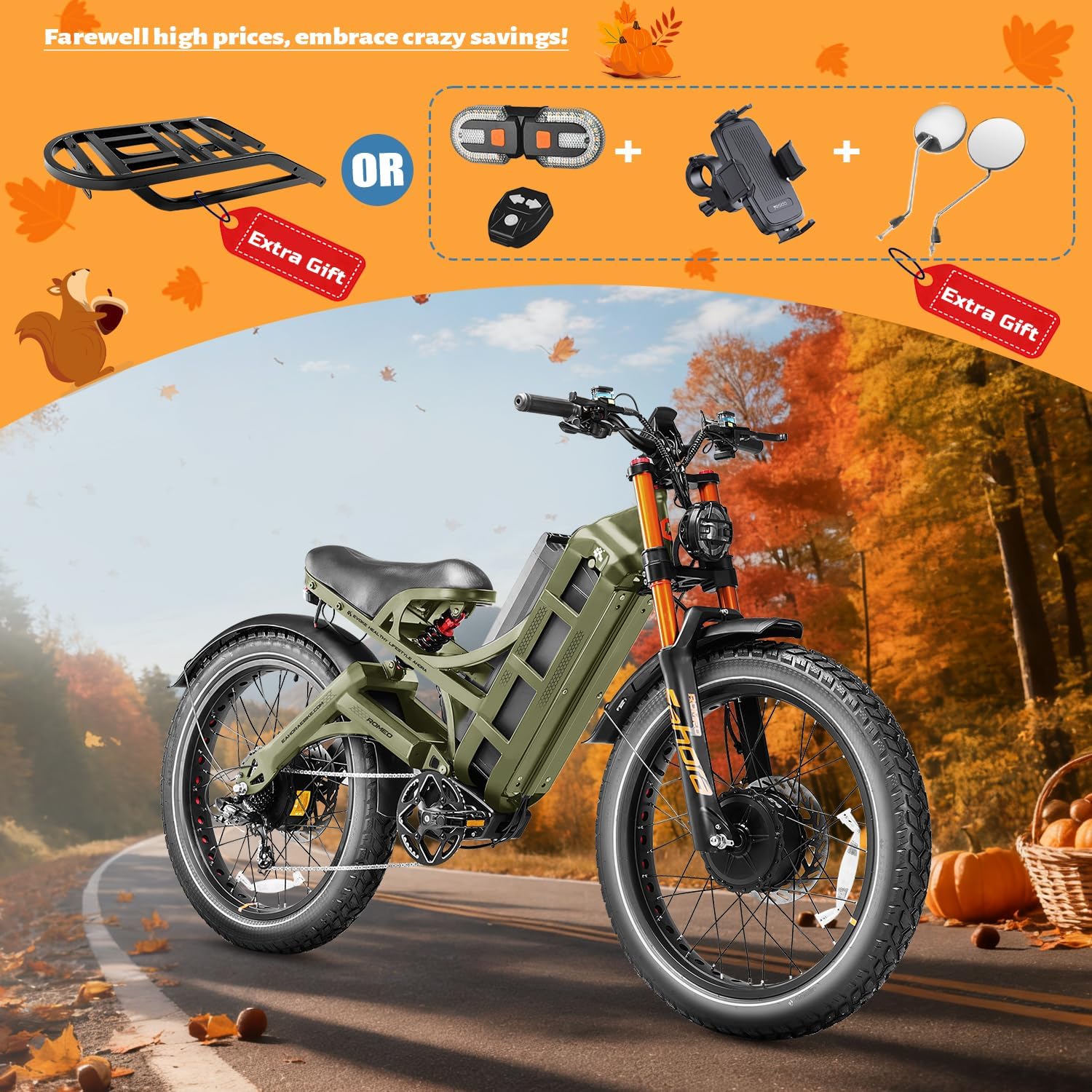 eAhora 2025 Romeo Pro 3 Electric Bike for Adults 5600W Dual Motor E Bike 50MPH 60V 80Ah 250+Miles Long Range Electric Bicycle,26 * 4.0 Fat Tire Full Suspension Electric Mountain Bike-Green