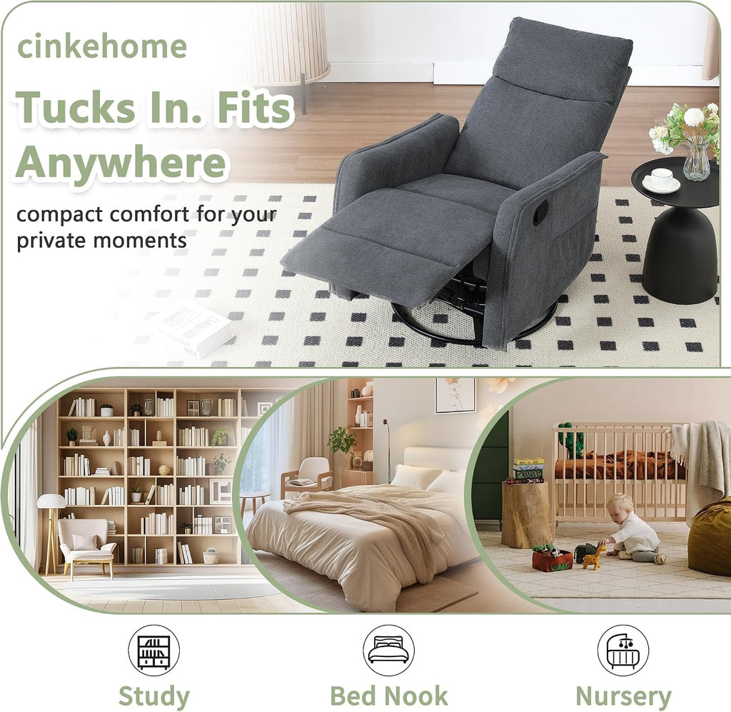 cinkehome Swivel Rocker Recliner, Glider Rocker Recliner Chair for Nursery, Manual Reclining Chair with Heated Massage, Small Spaces, Living Room, Linen Dark Grey