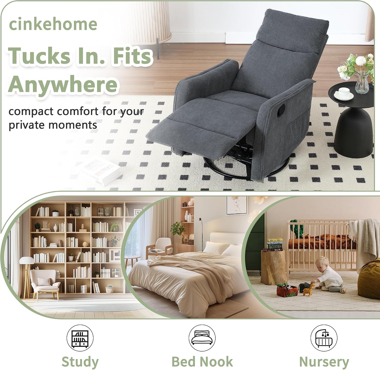 cinkehome Swivel Rocker Recliner, Glider Rocker Recliner Chair for Nursery, Manual Reclining Chair with Heated Massage, Small Spaces, Living Room, Linen Dark Grey