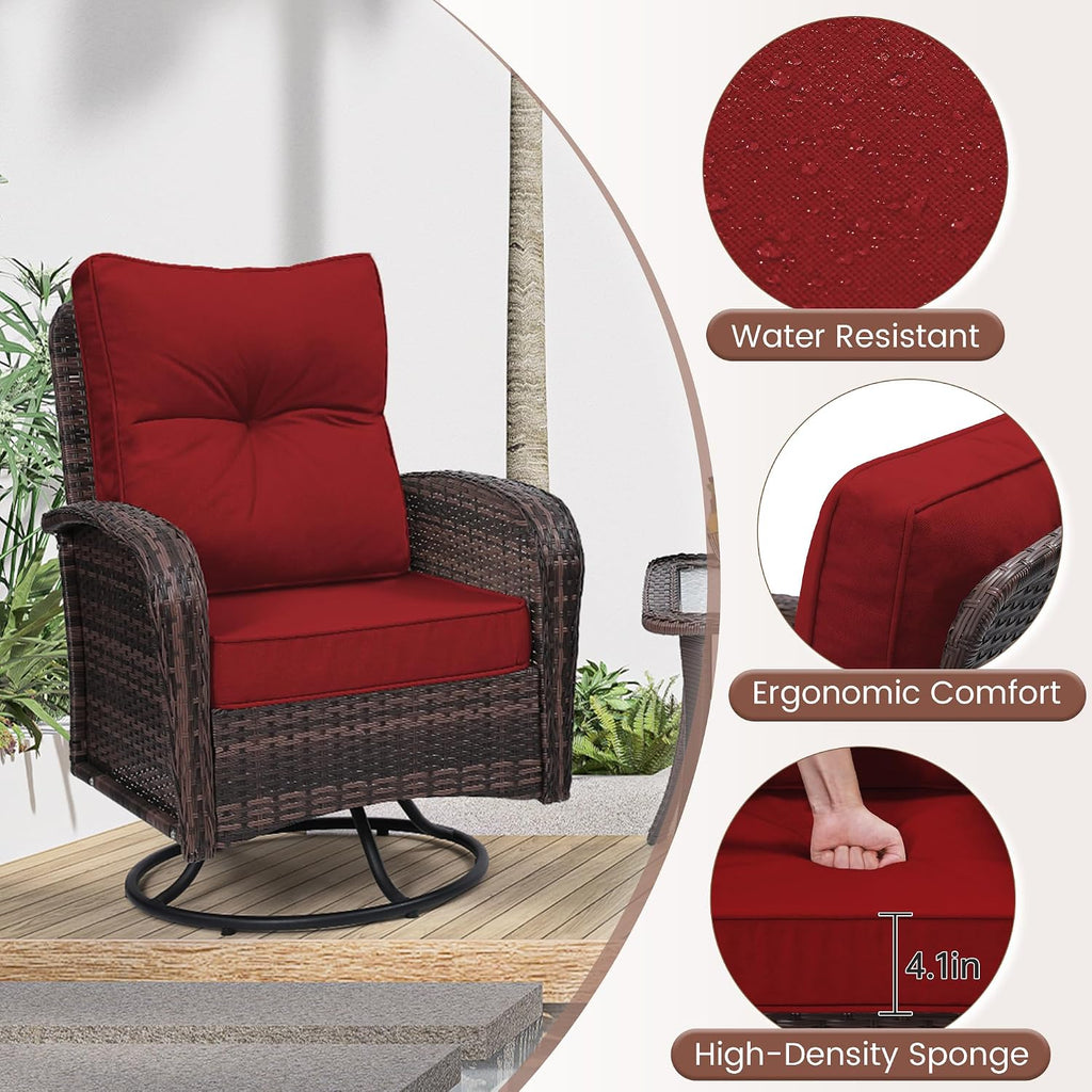 wildformers Luxury Outdoor Swivel Wicker Glider Patio Chairs with Table Set, Overstuffed Washable Cushions, Ideal for Porch, Balcony, Deck, Brown Rattan and Red Cushion