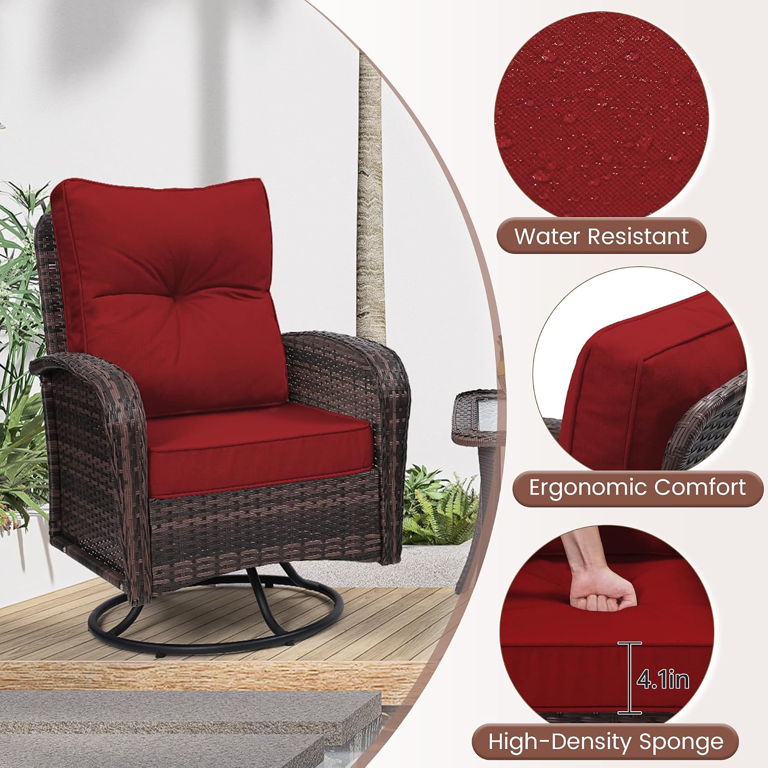 wildformers Luxury Outdoor Swivel Wicker Glider Patio Chairs with Table Set, Overstuffed Washable Cushions, Ideal for Porch, Balcony, Deck, Brown Rattan and Red Cushion