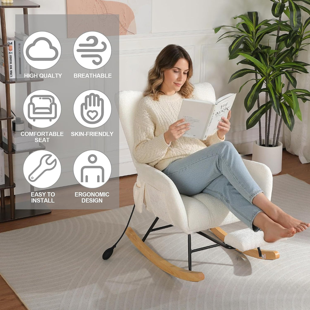 Rocking Chair Nursery with Airbag, Comfy Modern Nursery Rocking Reading Chair indoor, Cozy Upholstered Glider Rocker Chairs for Living Room Bedroom Offices, Sillas Mecedoras(Chenille, White)