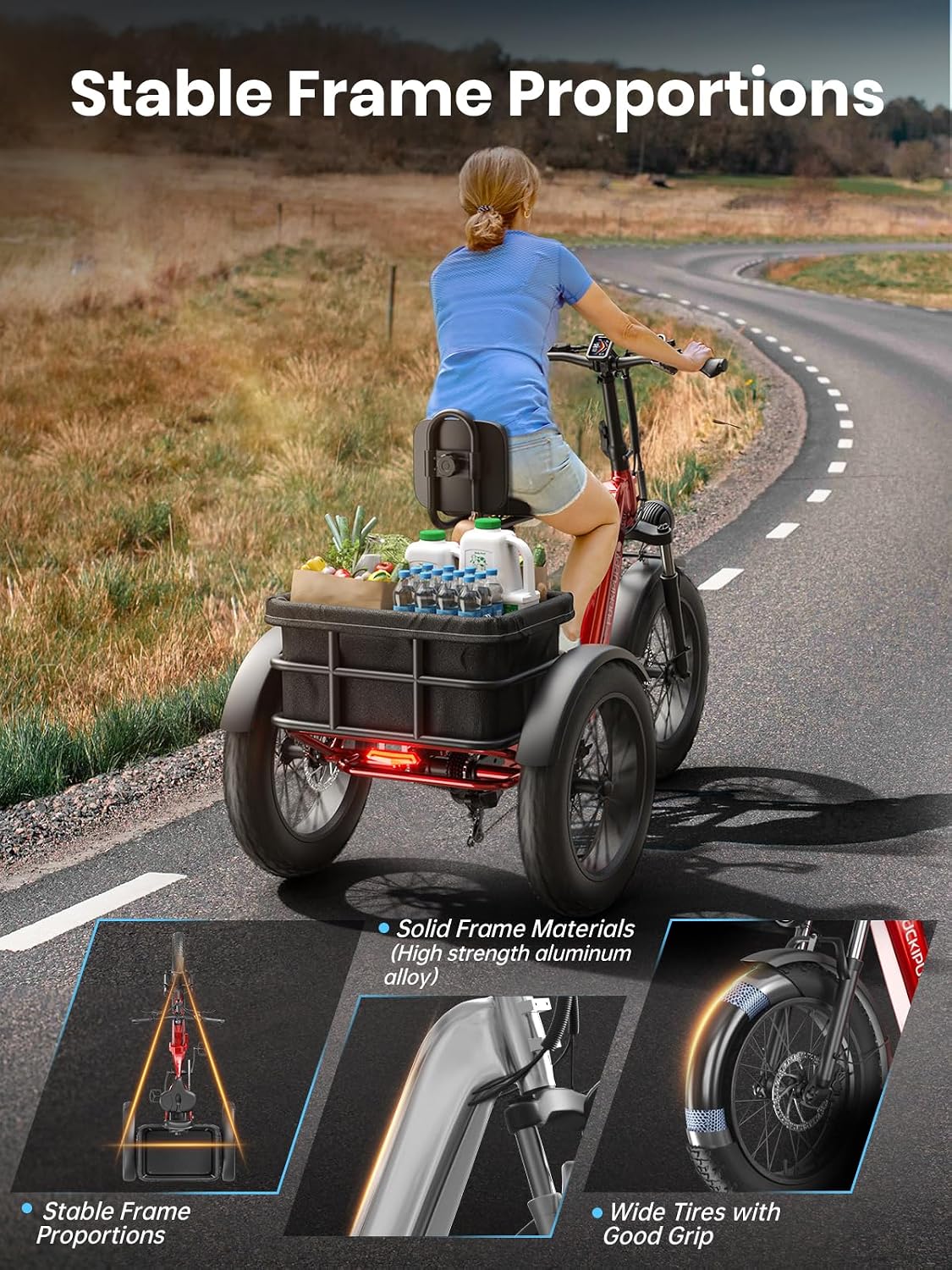 PUCKIPUPPY Electric Tricycle for Adult with 48V 17.4AH Cell Battery, 60 Miles Range Pickup Class Trike, 500 Lbs Load Electric Trike with Rear Differential and 20' Fat Tires, 960W Peak Motor, Husky