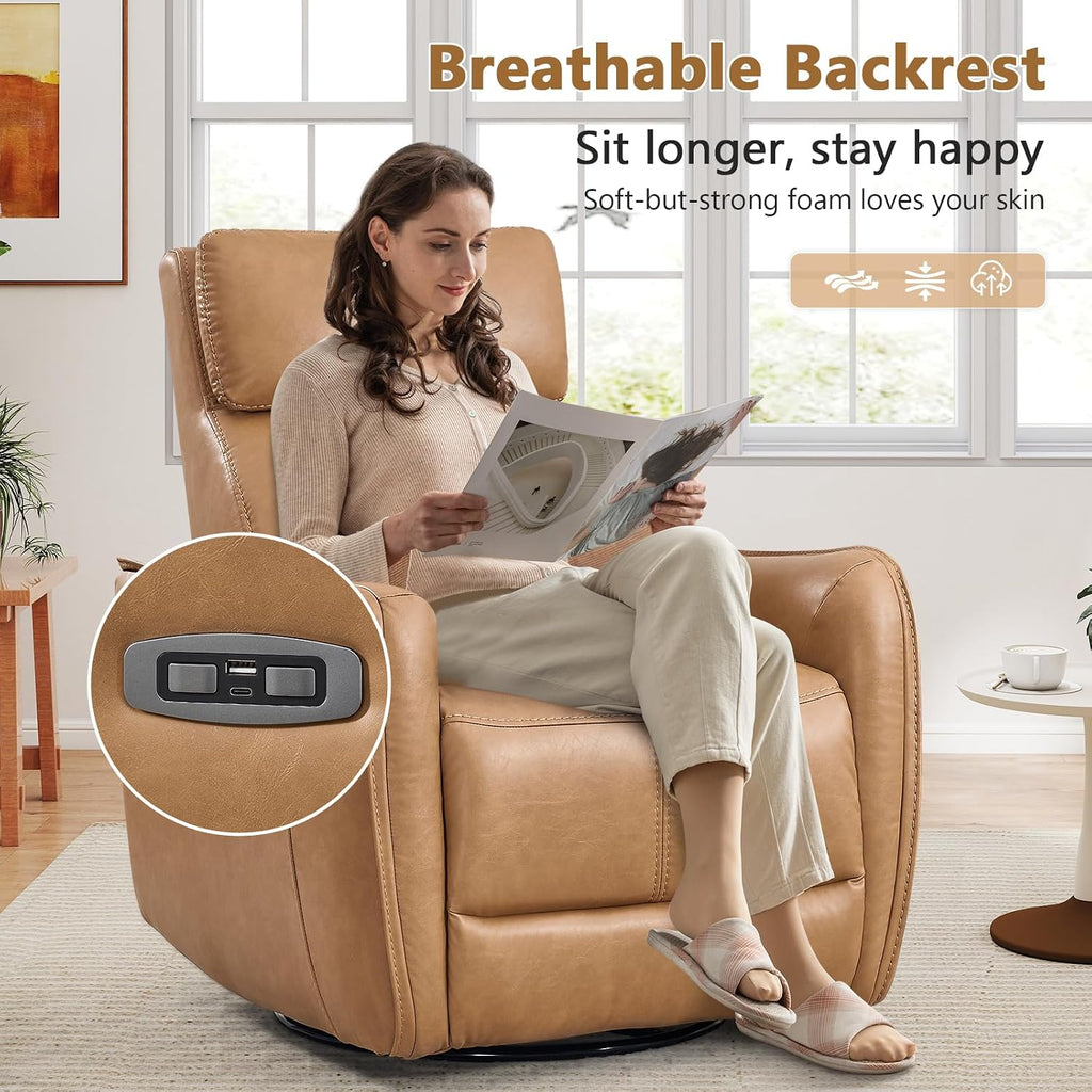 ANJ Power Recliner Chair with USB Port, 150° Reclining Swivel Glider, Faux Leather, Cognac Brown, 350 lbs Capacity