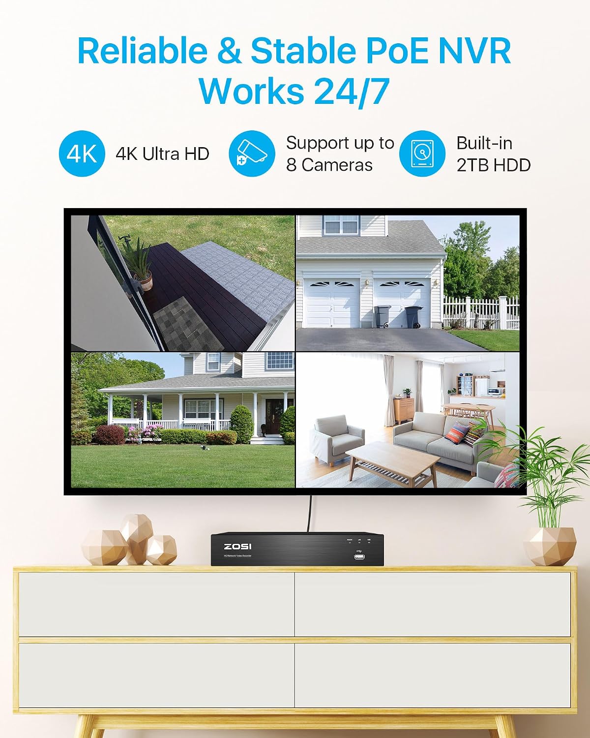 ZOSI 8CH 4K PoE Security Camera System with Audio, 4pcs 8MP Outdoor Indoor PoE Cameras, Color Night Vision, Human Detection, Spotlight Siren, 4K 8Channel CCTV NVR with 2TB HDD for Home 24/7 Recording
