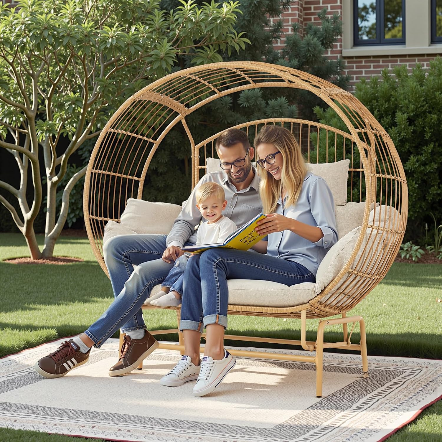 Oversized 2-Person Egg Chair Glider Rocking Chair, Heavy-Duty Wicker Rattan Outdoor Loveseat w/Thicken Padded Cushions, Extra Large Lounge Chair for Porch Backyard Patio Garden Yellow