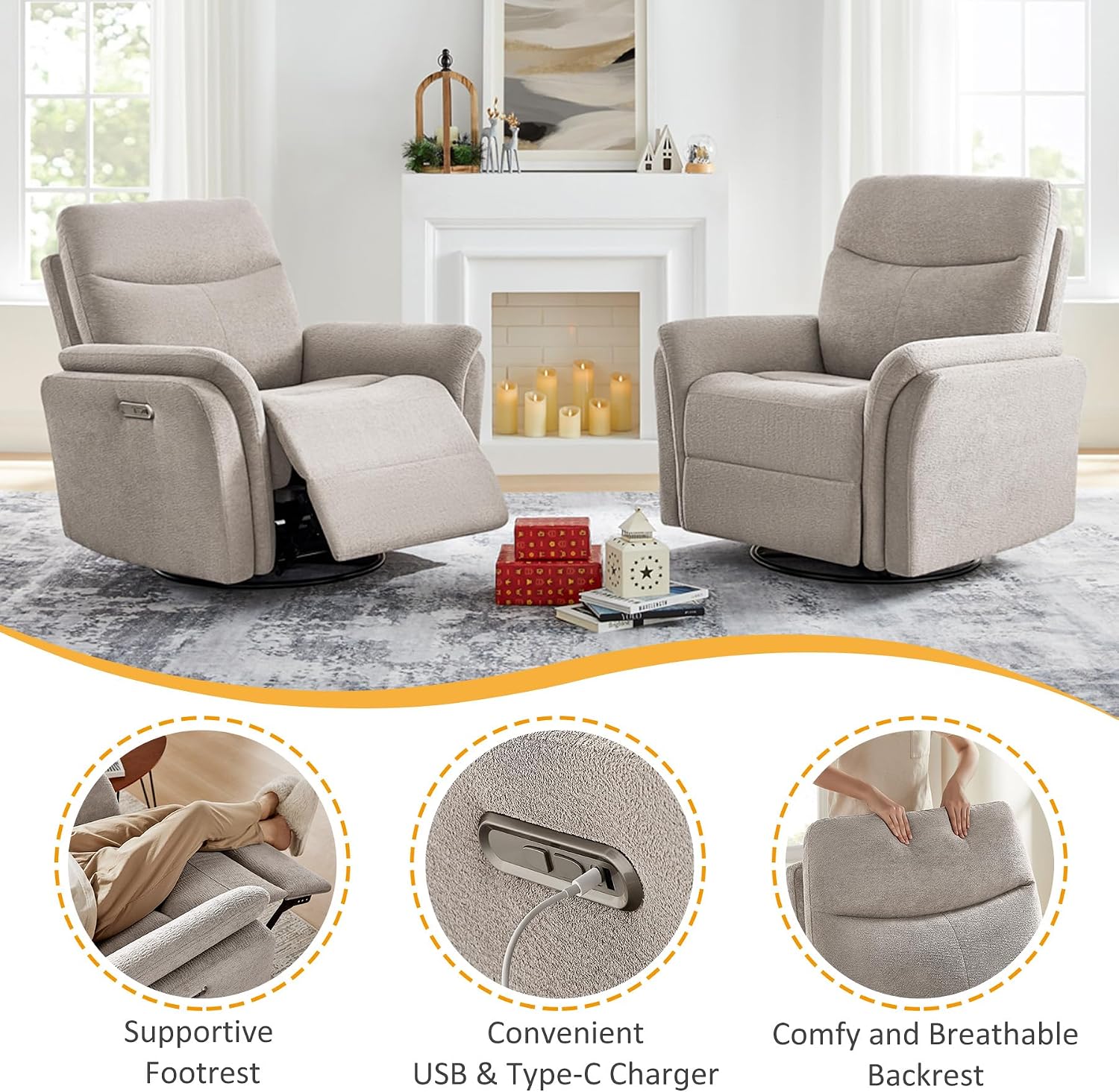 VANOMi Power Recliner Chair Swivel Glider, Electric Rocking Recliner Chairs with USB and Type-C Ports, Nursery Chair Recliner for Living Room, Bedroom, Apartment（Camel）