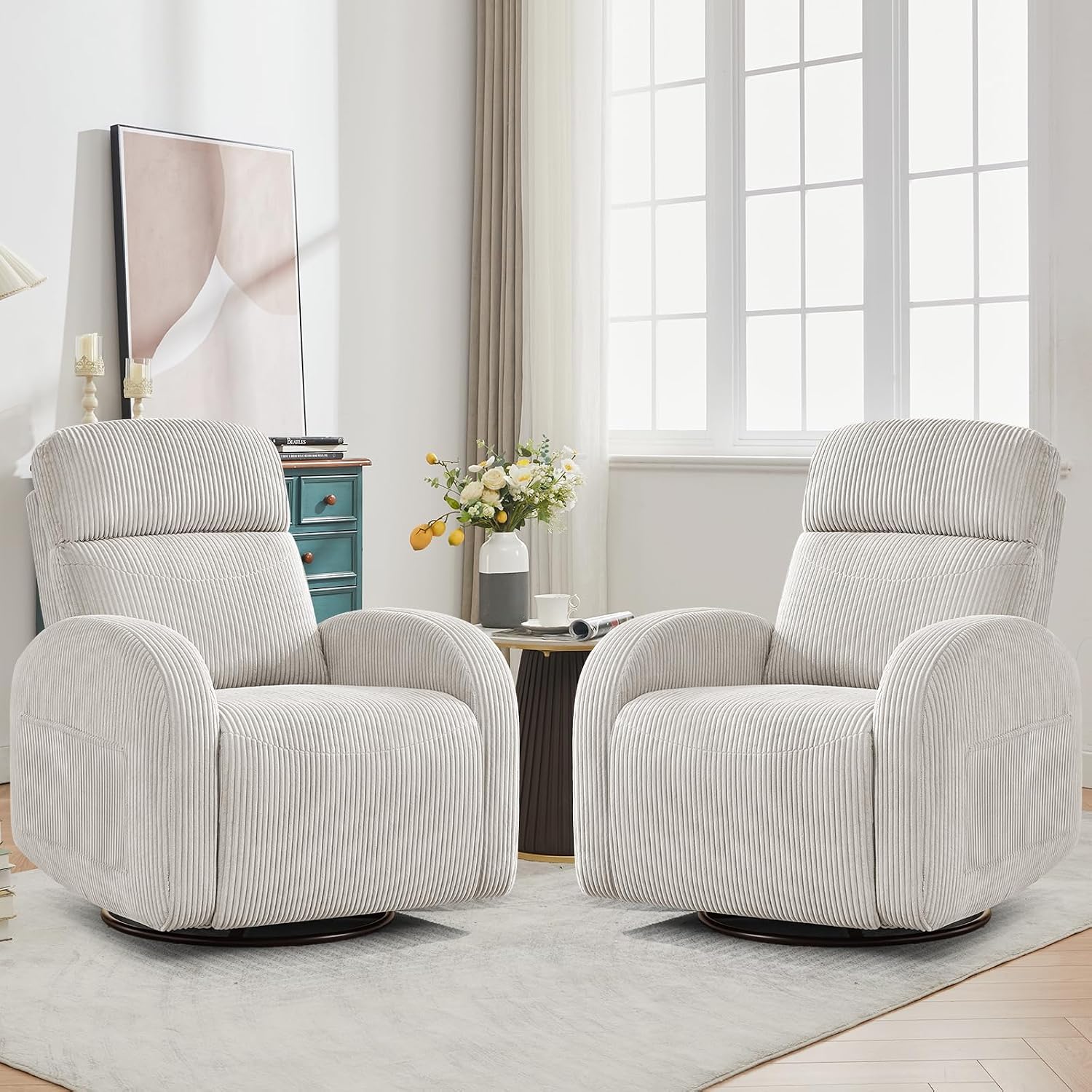 Swivel Recliner Rocker Nursery, Nursering Glider Recliner, Manual Swivel Rocking Reclining with Double Pockets for Living Room,Corduroy Camel