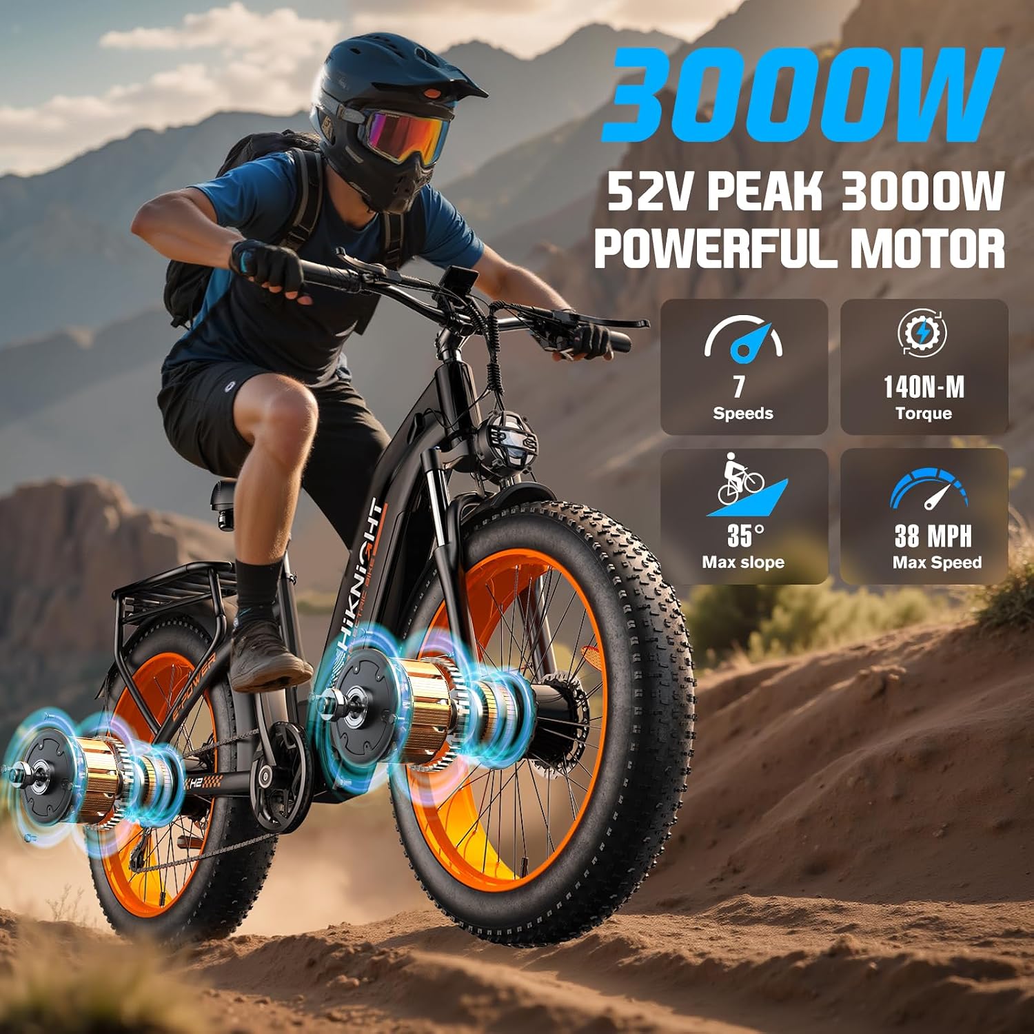 Dual Motor Ebike, 3000W Electric Bike for Adults, 52V 20Ah 26' Fat Tire Fast Ebike Max 38 Mph, up to 90 Miles, Off-Road Mountain E-Bike for Men Women, Step-Through Design
