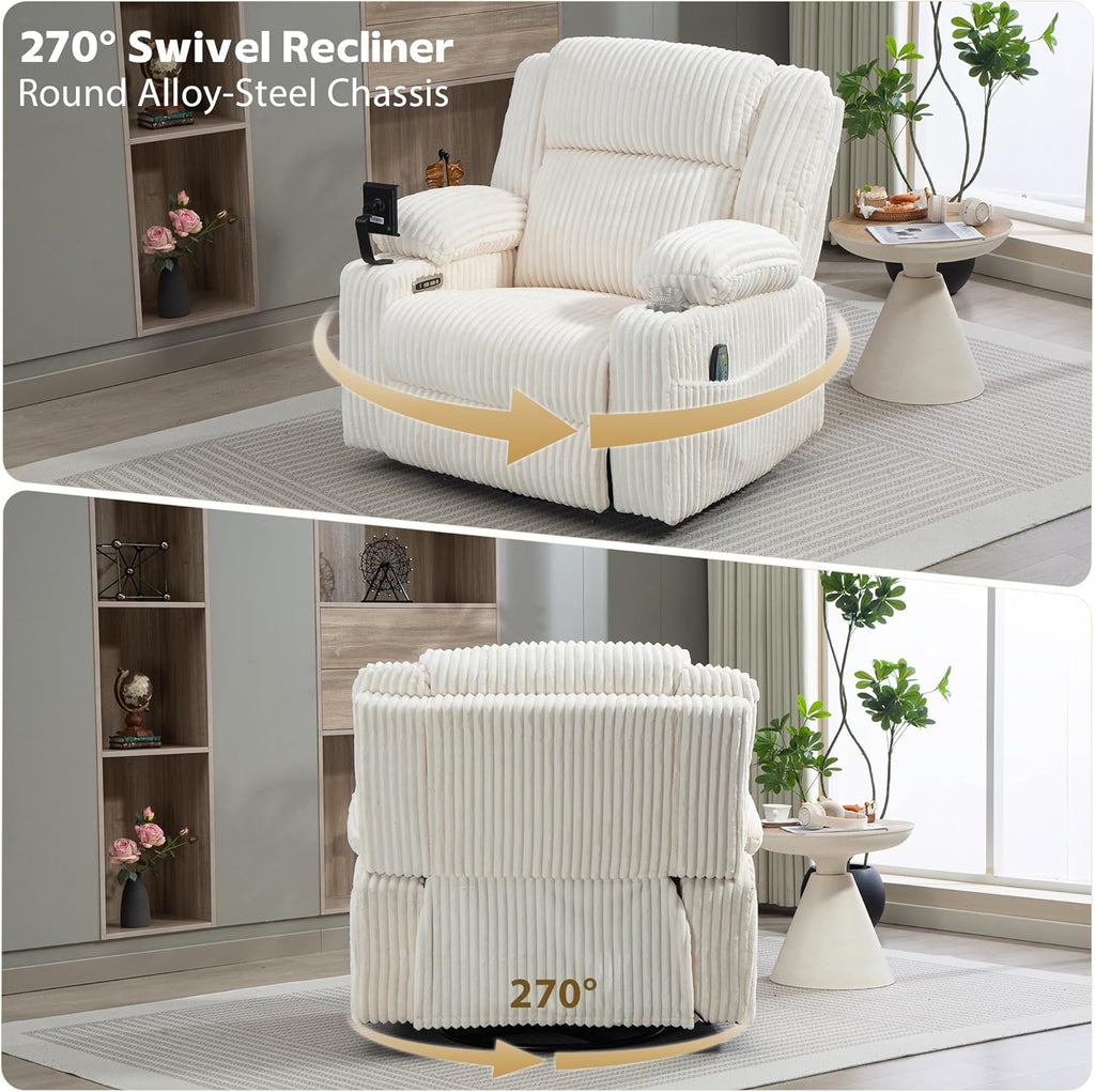 SINCRUMI Power Oversized Swivel Rocker Recliner with Dual Motor Adjustable Headrest for Adults, Glider Rocking Chair with Vibration and Heat, USB A&C Ports, Armrest Storage, Cup Holder, Cream White