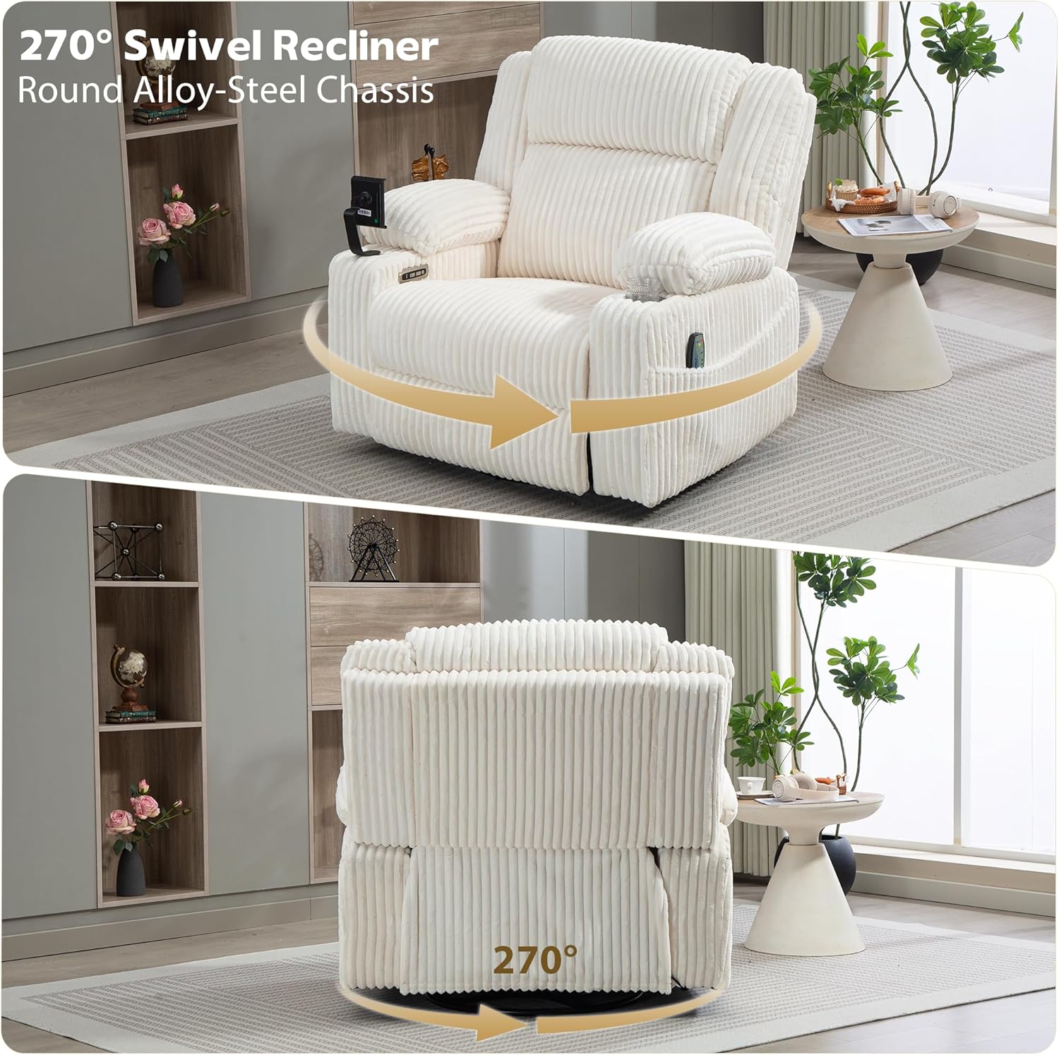 SINCRUMI Power Oversized Swivel Rocker Recliner with Dual Motor Adjustable Headrest for Adults, Glider Rocking Chair with Vibration and Heat, USB A&C Ports, Armrest Storage, Cup Holder, Cream White