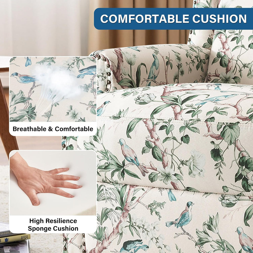 Lumibee Swivel Rocker Recliner Chair, Printed Fabric High Back Swivel Glider Rocking Chair, Upholstered Deep Seat Wingback Recliner Chair for Living Room Bedroom, Bird