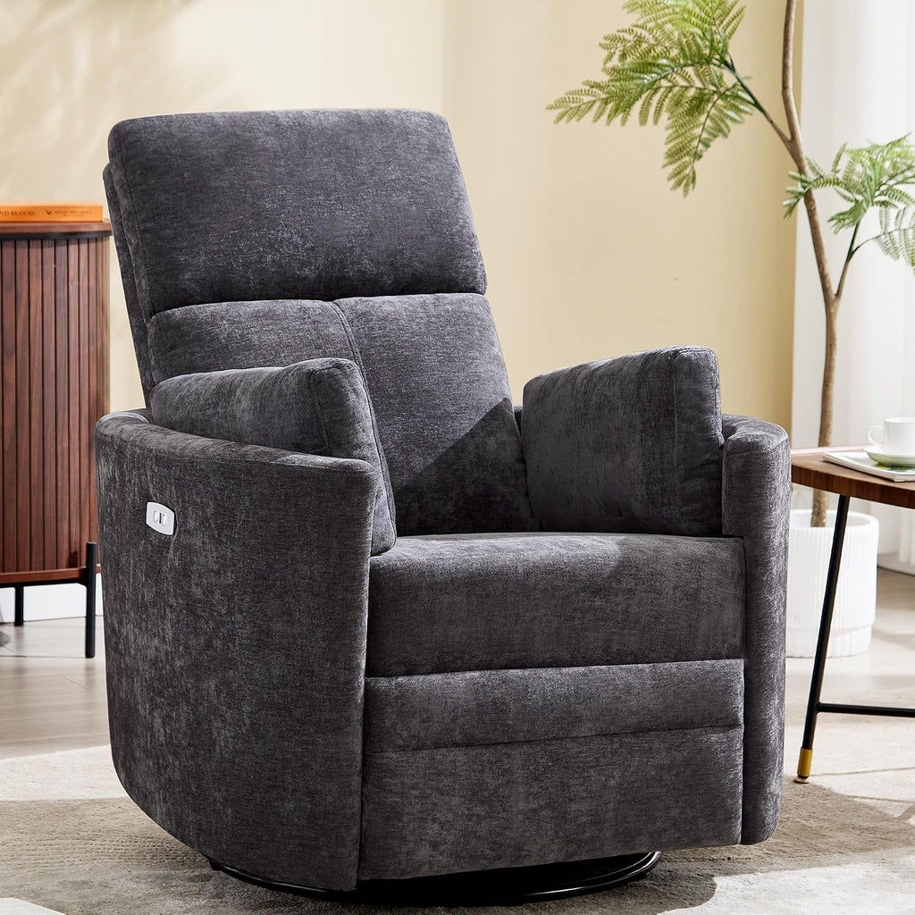 Power Recliner,Nursery Swivel Rocking Glider Chair with USB Port,Electric Upholstered Adult Recliner Rocking Chair with 2 Pillows for Living Room Bedroom (Drak Grey, Power-Driven)