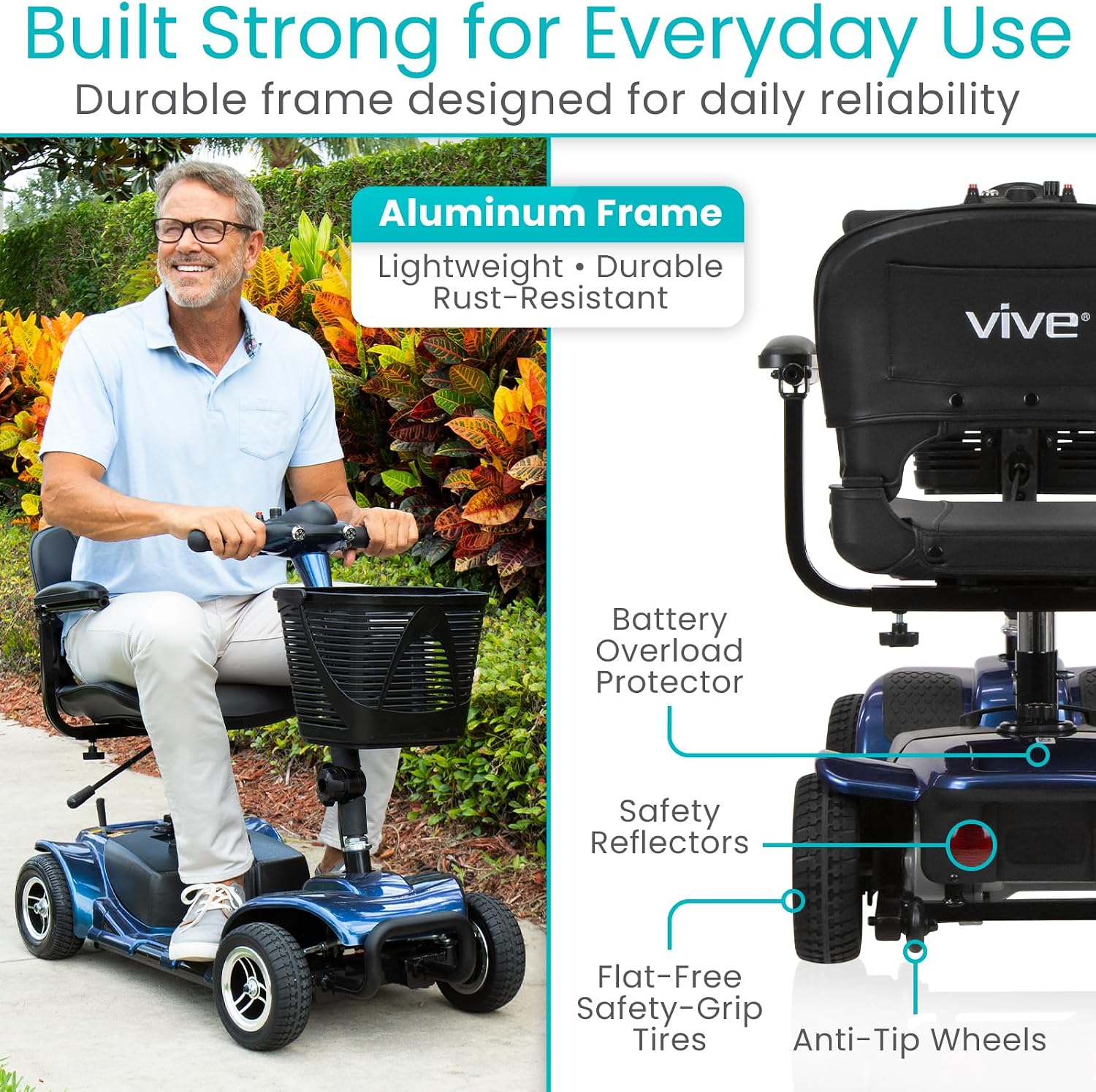 Vive 4 Wheel Mobility Scooter - Electric Powered Wheelchair Device - Compact Heavy Duty Mobile for Travel, Adults, Elderly - Long Range Power Extended Battery with Charger & Basket