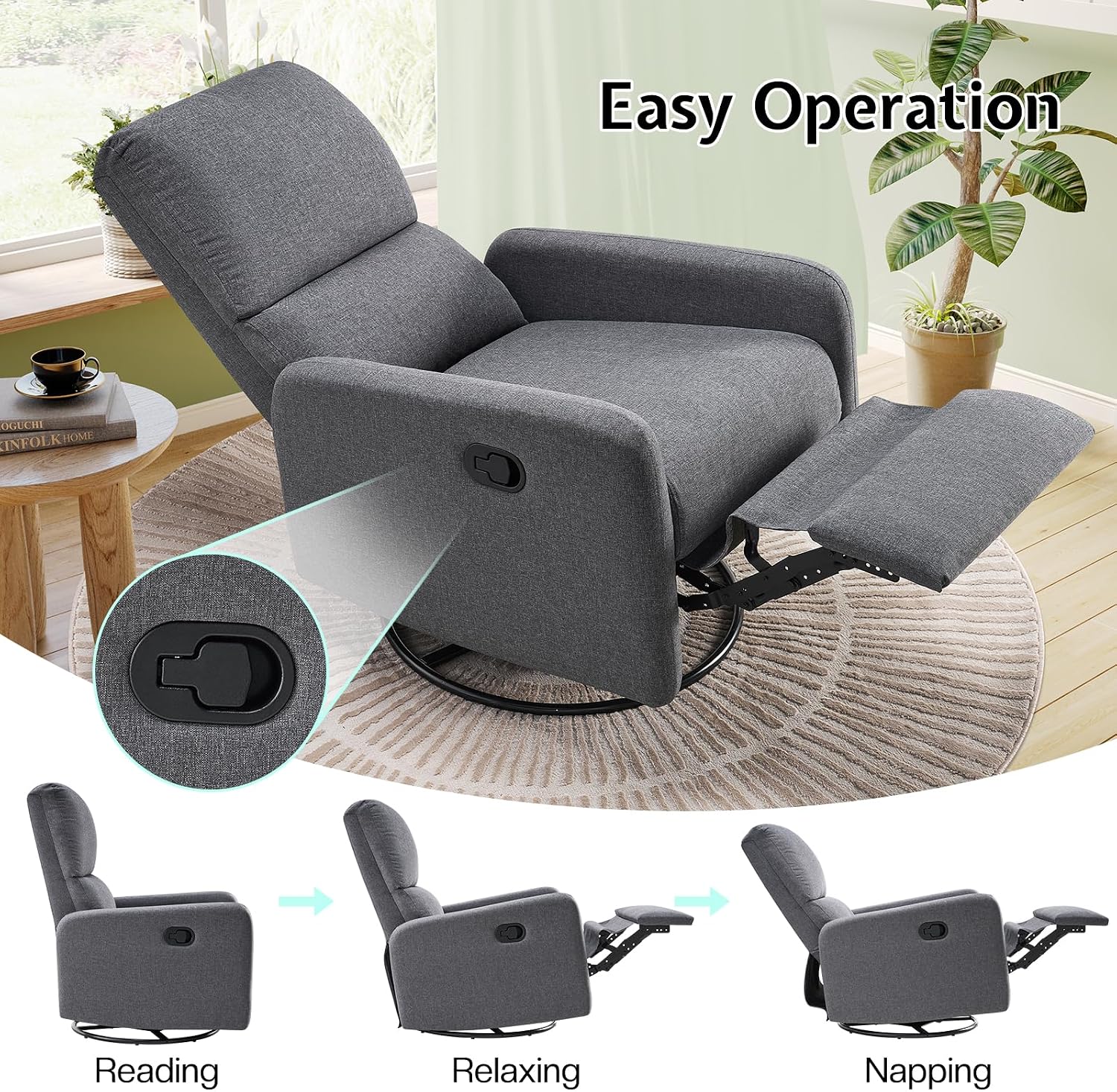 Jocisland Swivel Rocking Chair, Nursery Glider Recliner Chairs for Adults, Rocker for Living Room Bedroom, Comfy Upholstered Modern Nursing Reclining Single Sofa, Grey Linen (No Side Pockets)