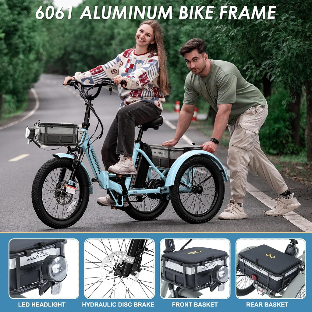 MOONCOOL Folding Electric Tricycle for Adults, 48V 500W 3 Wheels Electric Trike, Aluminum Frame Electric Tricycle Adult Bicycle with Removable Battery, Storage Bags Included