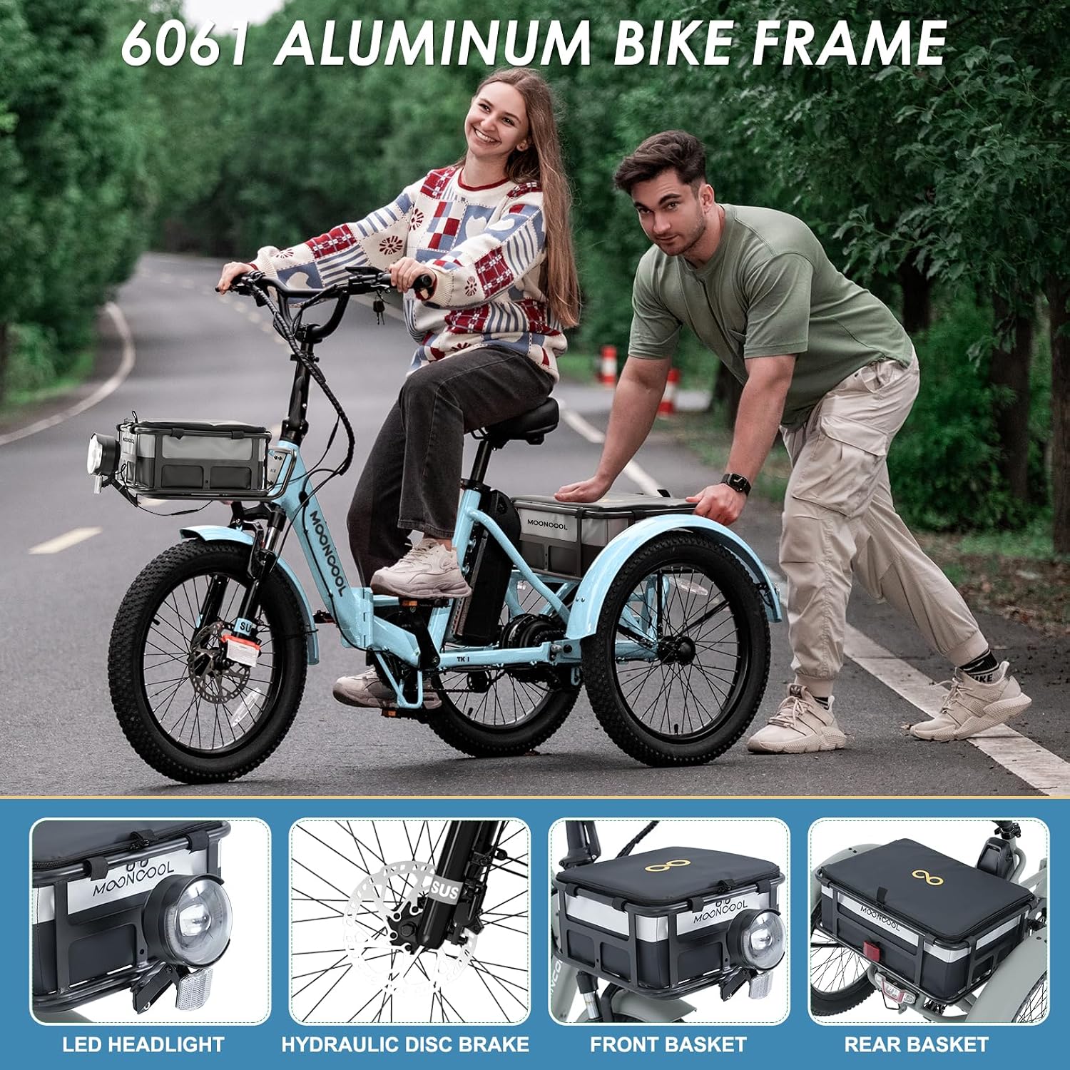 MOONCOOL Folding Electric Tricycle for Adults, 48V 500W 3 Wheels Electric Trike, Aluminum Frame Electric Tricycle Adult Bicycle with Removable Battery, Storage Bags Included