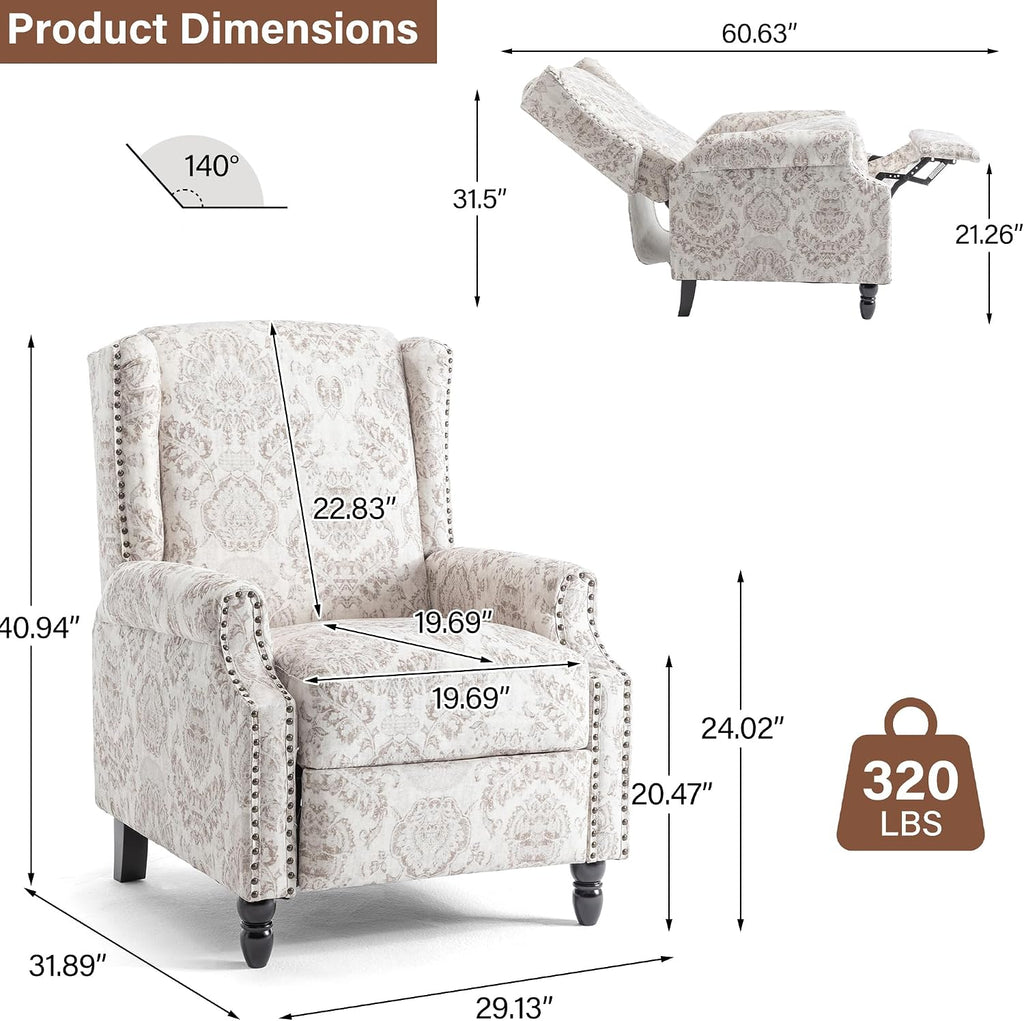 Pushback Recliner Chair, Floral Fabric Wingback Recliner Chair, Upholstered Armchair Push Back Recliner, Rivet Trim Single Sofa Accent Chair with Wood Legs for Living Room, Beige