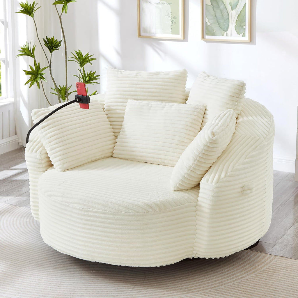 JIVOIT 360° Swivel Accent Chair with 5 Throw Pillows, Adjustable Phone Holder, Corduroy Fabric Round Sofa Chair Barrel Chair with Semi-Wraparound Design for Living Room, Office and Hotel (Beige,1)
