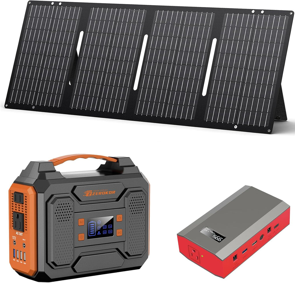 Portable Solar Power Station with Foldable Solar Panel 60W, 300W 110V AC Outlet Portable Solar Power Pack Generator with Panels, Camping 65W Power Bank with DC for Laptop Smart Device RV Outdoor