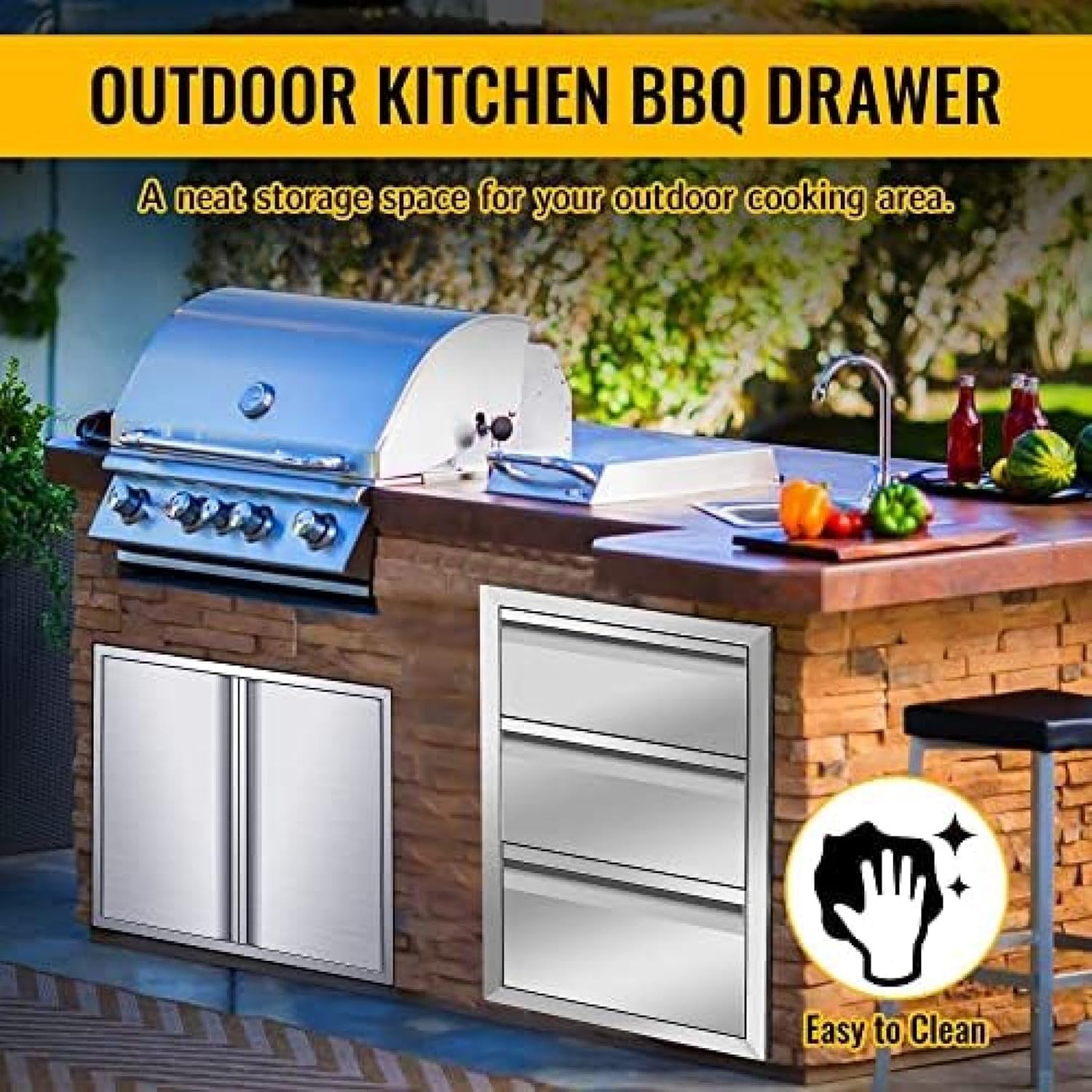 Outdoor Kitchen Drawer Stainless Steel BBQ Triple Drawer Flush Mount for Outdoor Kitchen Island,-16W X 21H X 23D Inch