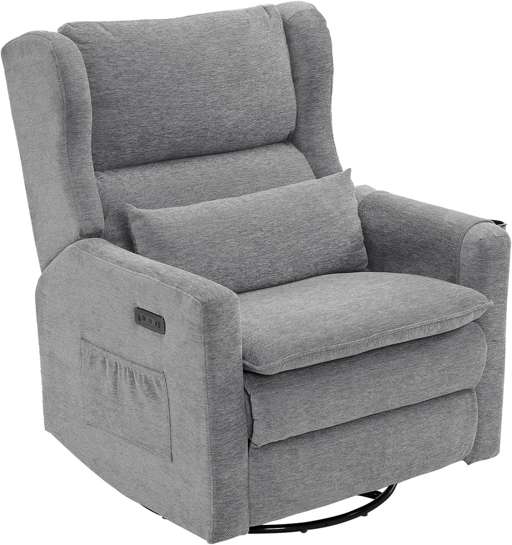 Power Recliner Chair,Oversized Swivel Rocker Recliner with Adjustable Headrest,Nursery Rocking Chair with Lumbar Cushion for Living Room,Grey