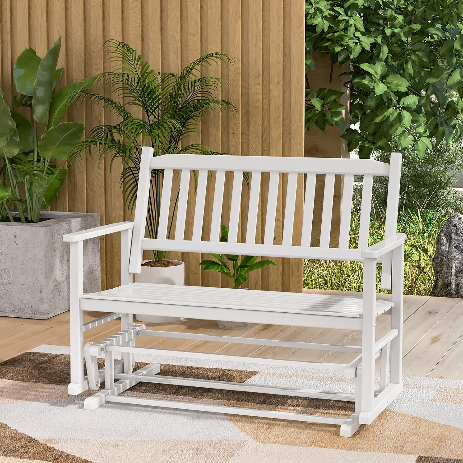 Tangkula 2 Person Outdoor Glider Bench, Poplar Wood Patio Swing Glider Loveseat with Armrests, Slatted Seat & Backrest, Porch Rocking Glider Bench for Backyard, Garden, Deck (White)
