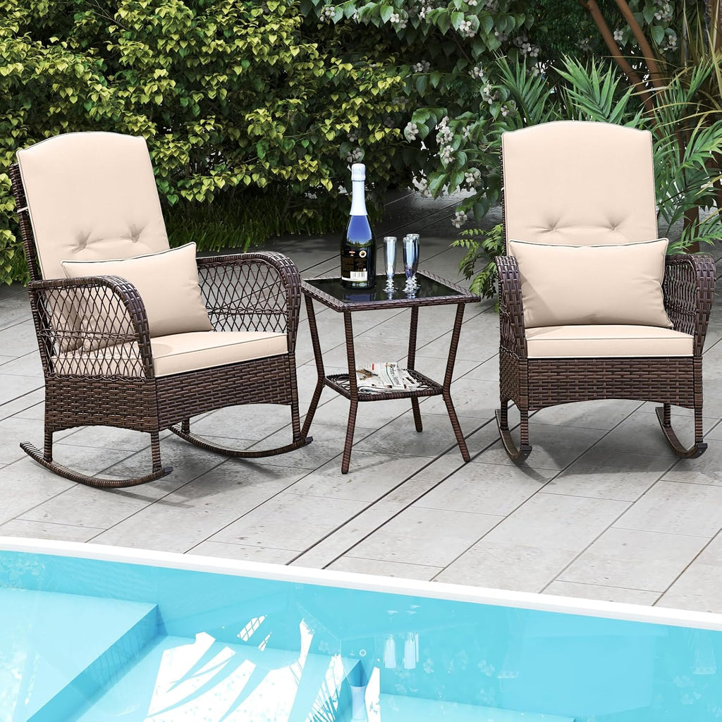 Tangkula 3 Piece Patio Rocker Set, Patiojoy Outdoor Wicker Rocking Chairs w/Double-Layer Coffee Table, Rattan Rocker Chair Set w/Seat Back Cushions & Pillows, for Porch, Backyard, Poolside (Beige)