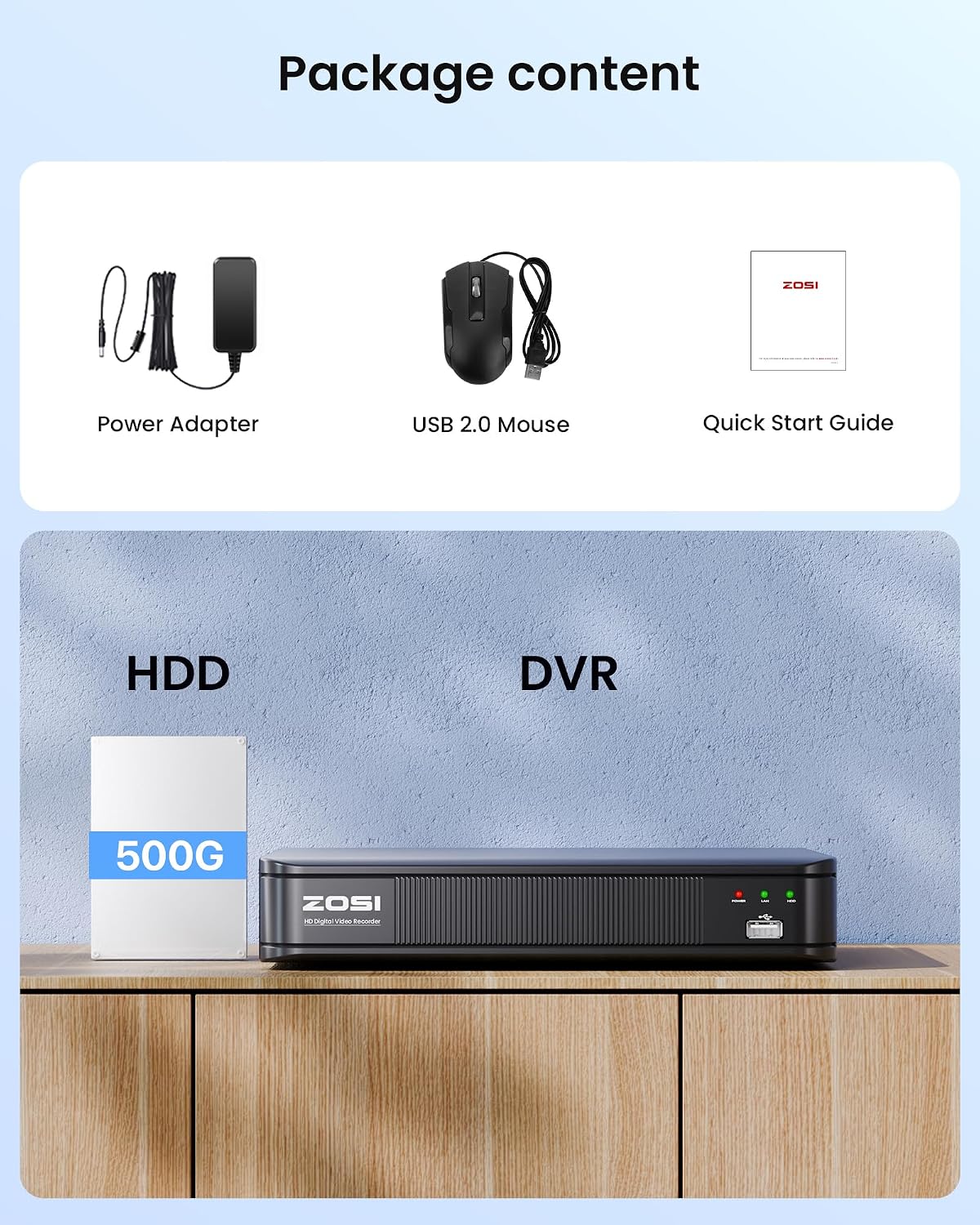 ZOSI 8 Channel 5MP 3K Lite H.265+ CCTV DVR Recorder with 500GB HDD, Hybrid 4-in-1 TVI/CVI/AHD/Analog 1080p HD Surveillance DVR for Security Camera, AI Human Vehicle Detect, Alert Push, Remote Access
