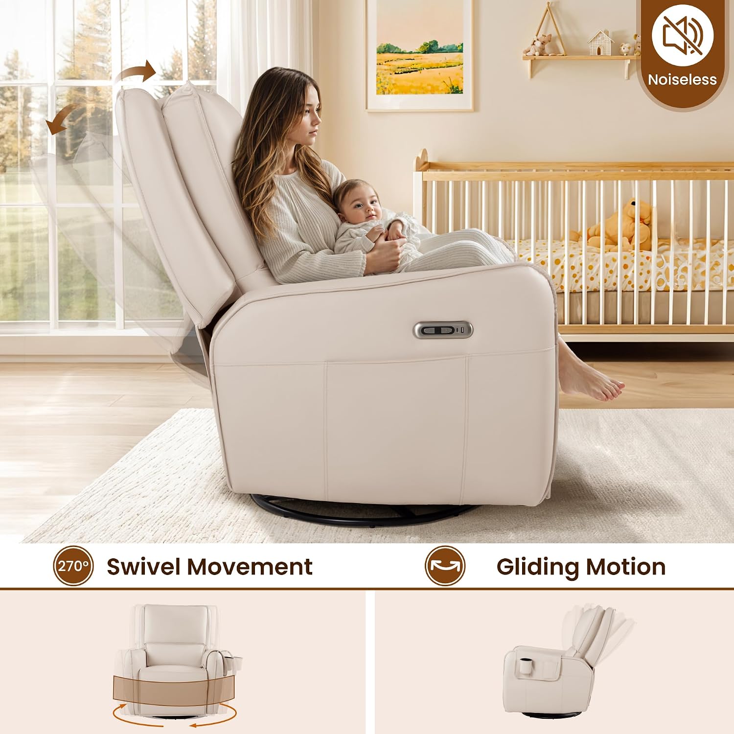 Power Swivel Rocking Recliner- Glider Rocking Chair for Adult - Nursery Glider for Breastfeeding,Quiet Motor, Faux Leather - Swivel Recliner for Living Room, Nursery (Cream White)