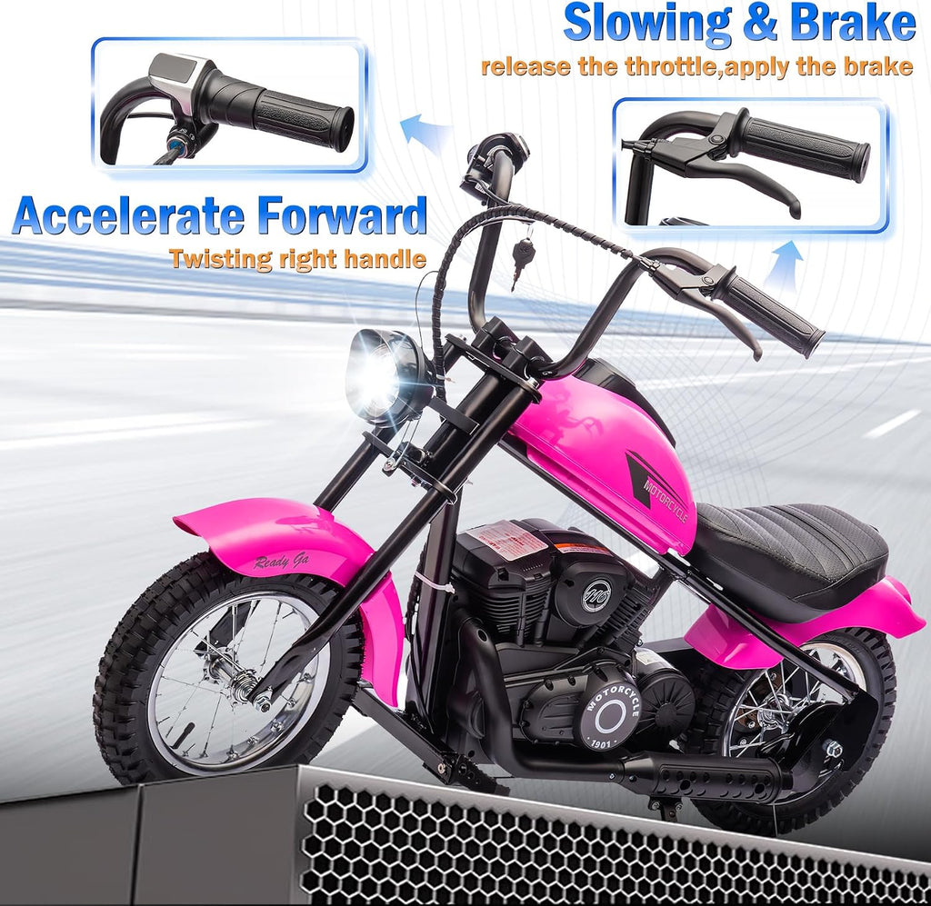 24V 9AH Electric Dirt Bike for Kids, 250W Strong Motor 13.6MPH Fast Speed Electric Retro Off-Road Motorcycle, Leather Seat Dirt Bike, LED Lights, Air-Filled Tires, Pink