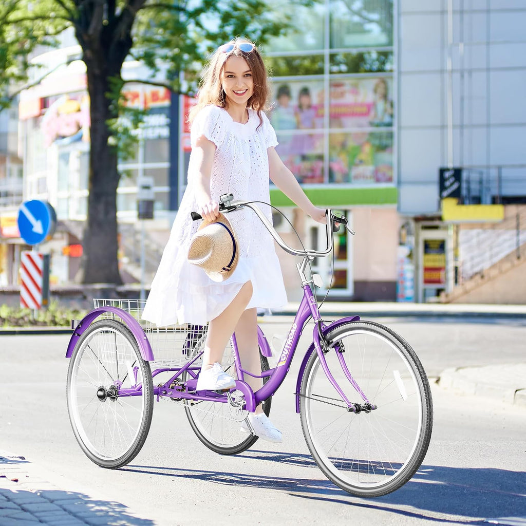 Max4out Adult Tricycle with Large Basket 24/26 Inch, Stable 3 Wheel Cruise Bicycle for Shopping, Beach and City Trike Perfect for Men, Women, Seniors（Blue/Purple/Red）