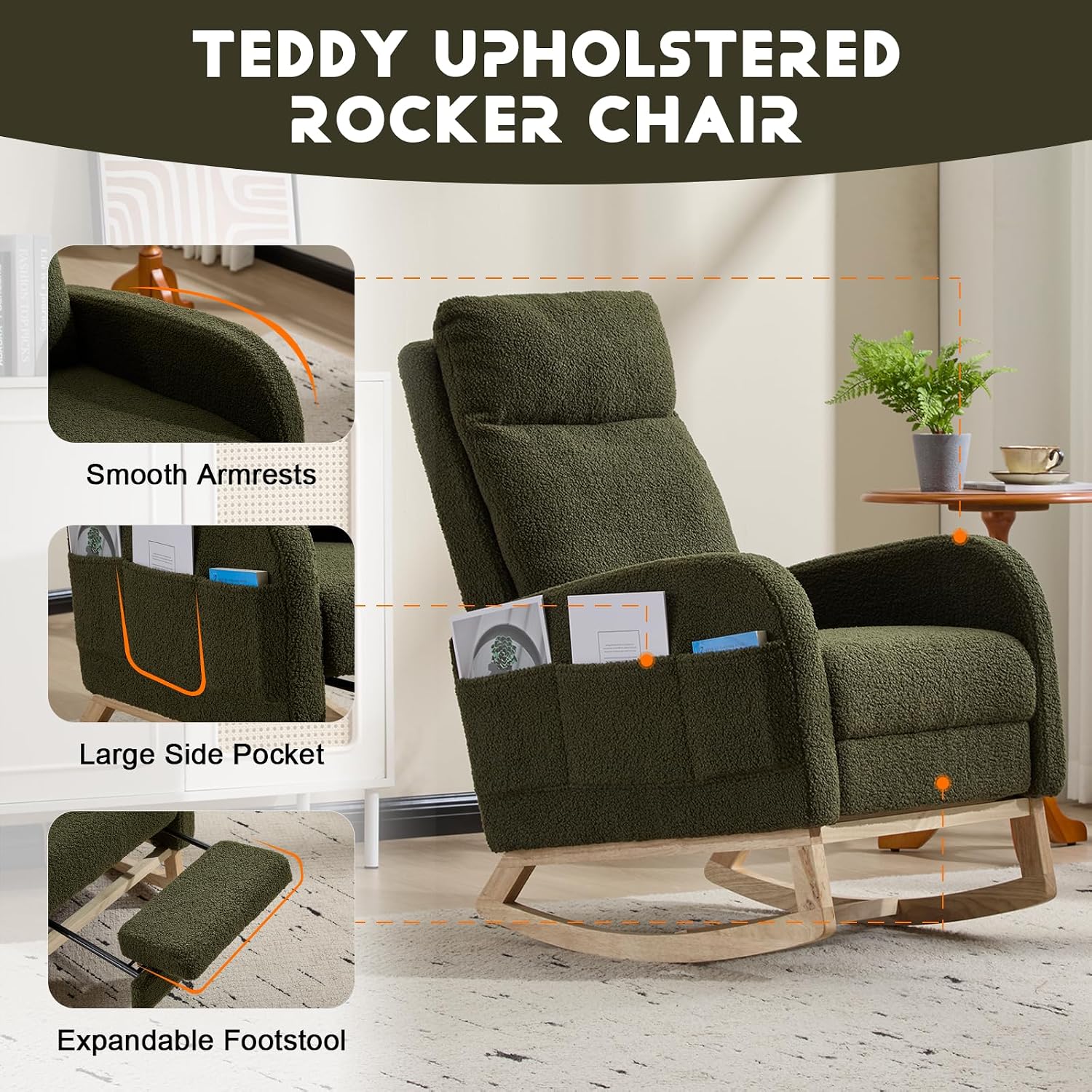 Rocking Chair Nursery with Foot Rest, Sherpa Nursing Rocking for Mom Nursery Rocker Chair with High Backrest, Armchair Rocker Glider with Side Pocket for Living Room, Bedroom, Teddy Green