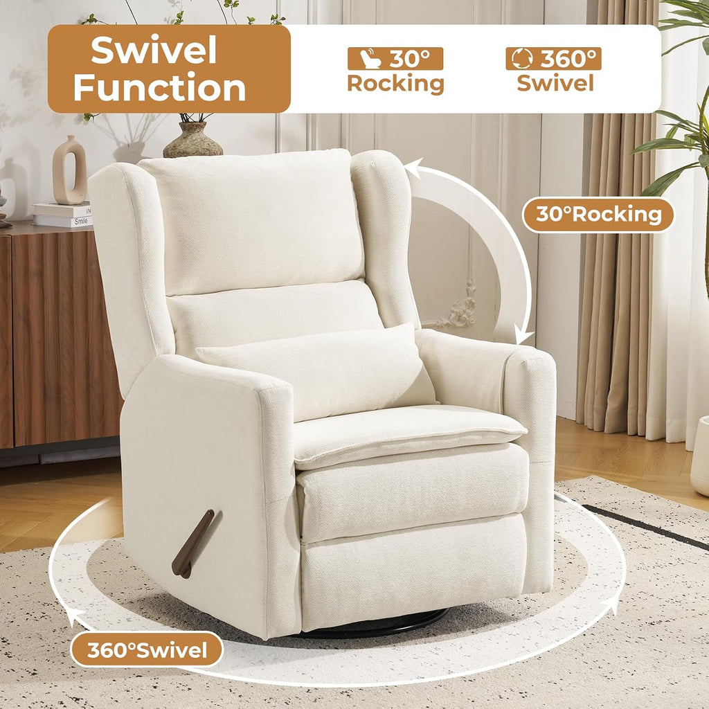 Large Glider Rocker Recliner,Rocking Chair Nursery with Adjustable Headrest,Swivel Rocker Recliner with Lumbar Support,Manual Nursery Rocker Recliner for Living Room& Bedroom,Chenille White